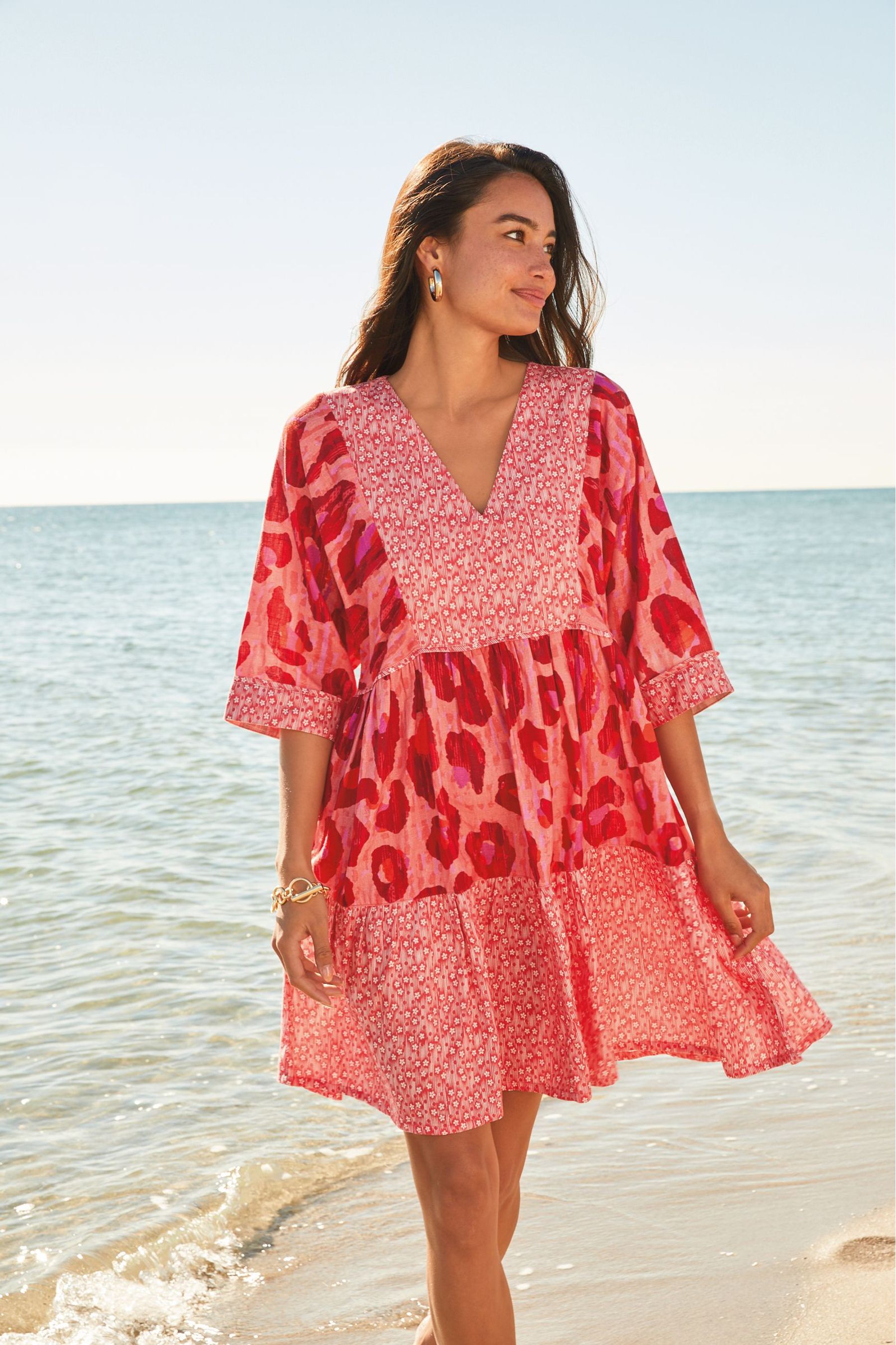 Buy Pink Spliced Print Linen Blend Kaftan Summer Dress from Next Luxembourg