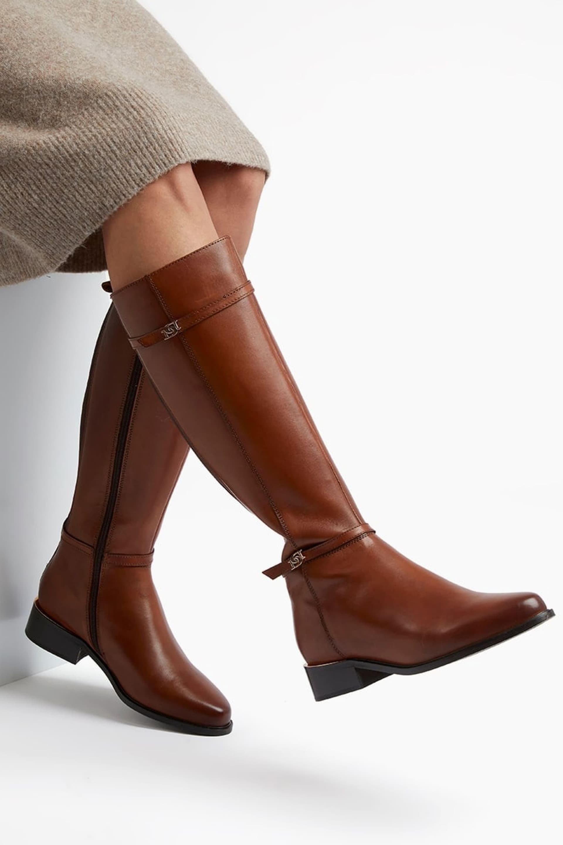 Dune London Brown Tap Buckle Trim High Boots - Image 2 of 5