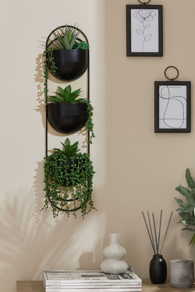 Black Bronx Wall Planter With Artificial Plants - Image 1 of 3