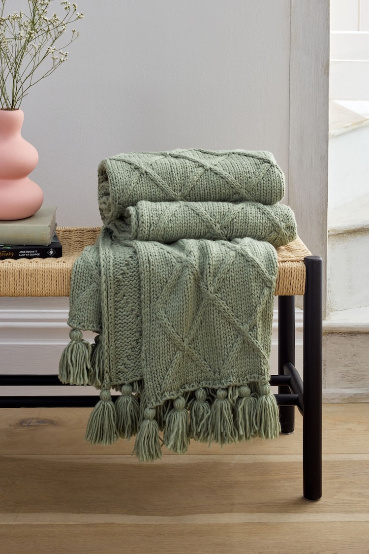 Sage Green Chunky Cable Knit Throw - Image 2 of 3