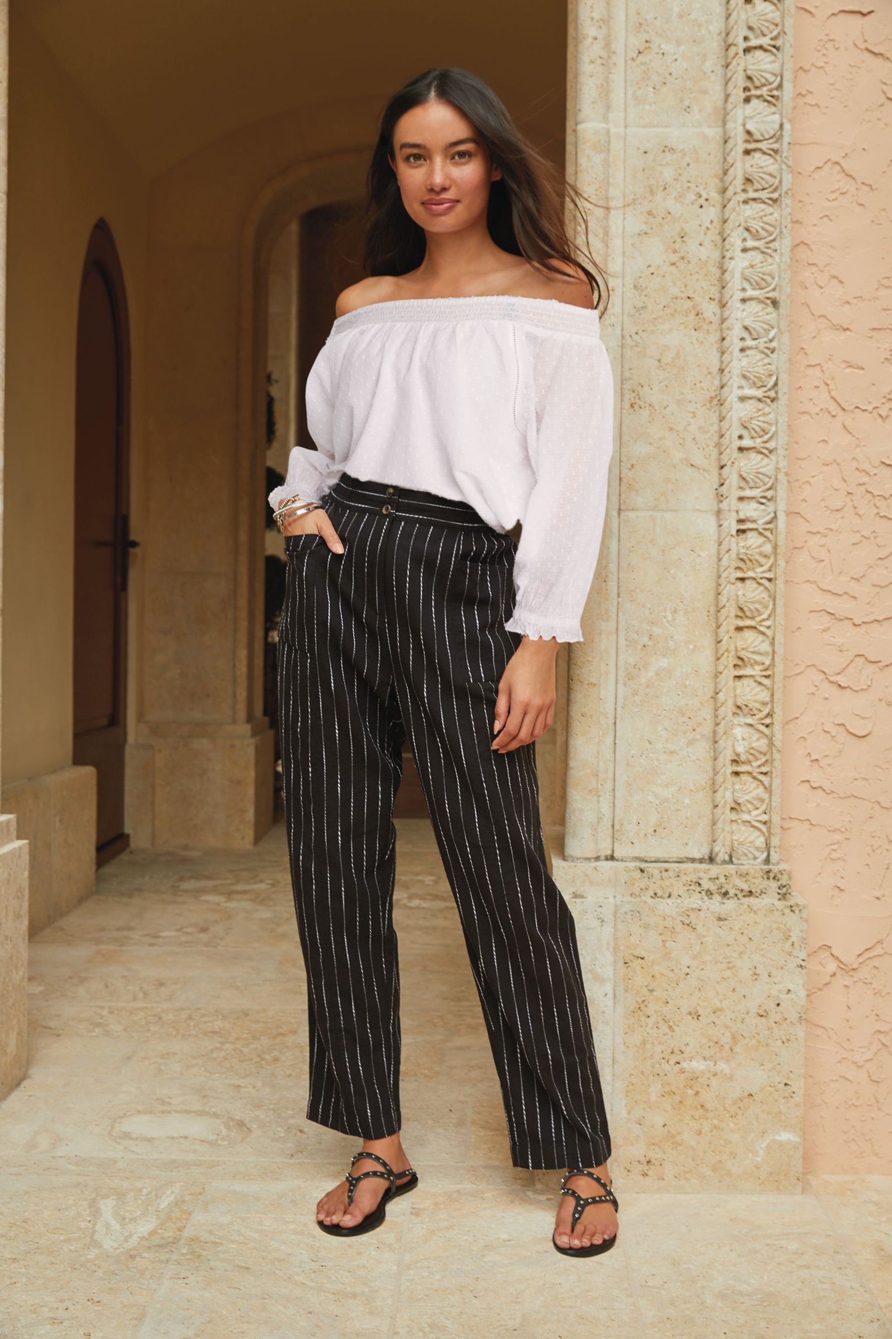 Buy Black white Stripe Linen Blend Taper Trousers from Next Germany