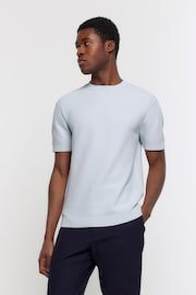 River Island Blue Textured Knitted T-Shirt - Image 1 of 5