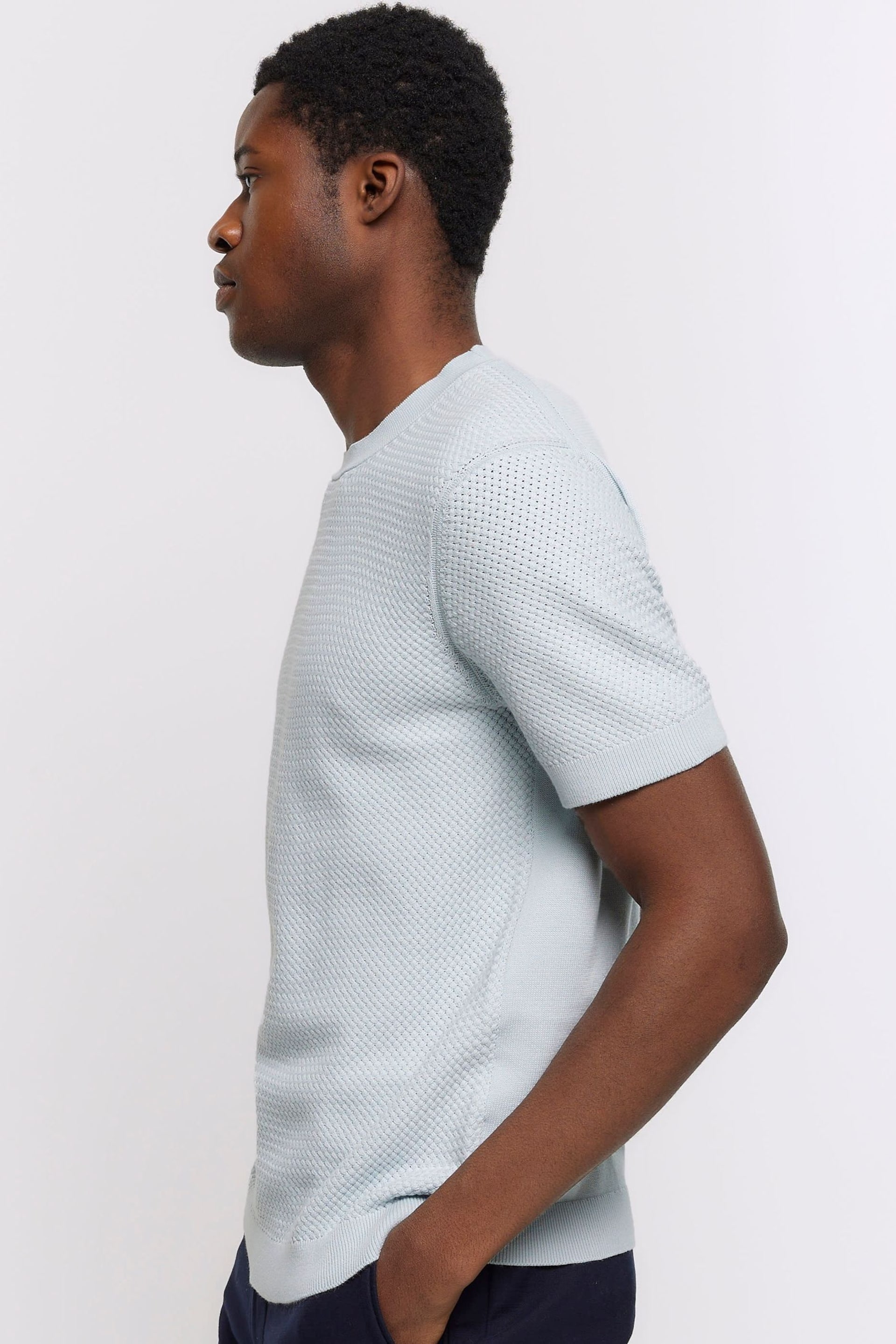 River Island Blue Textured Knitted T-Shirt - Image 3 of 5