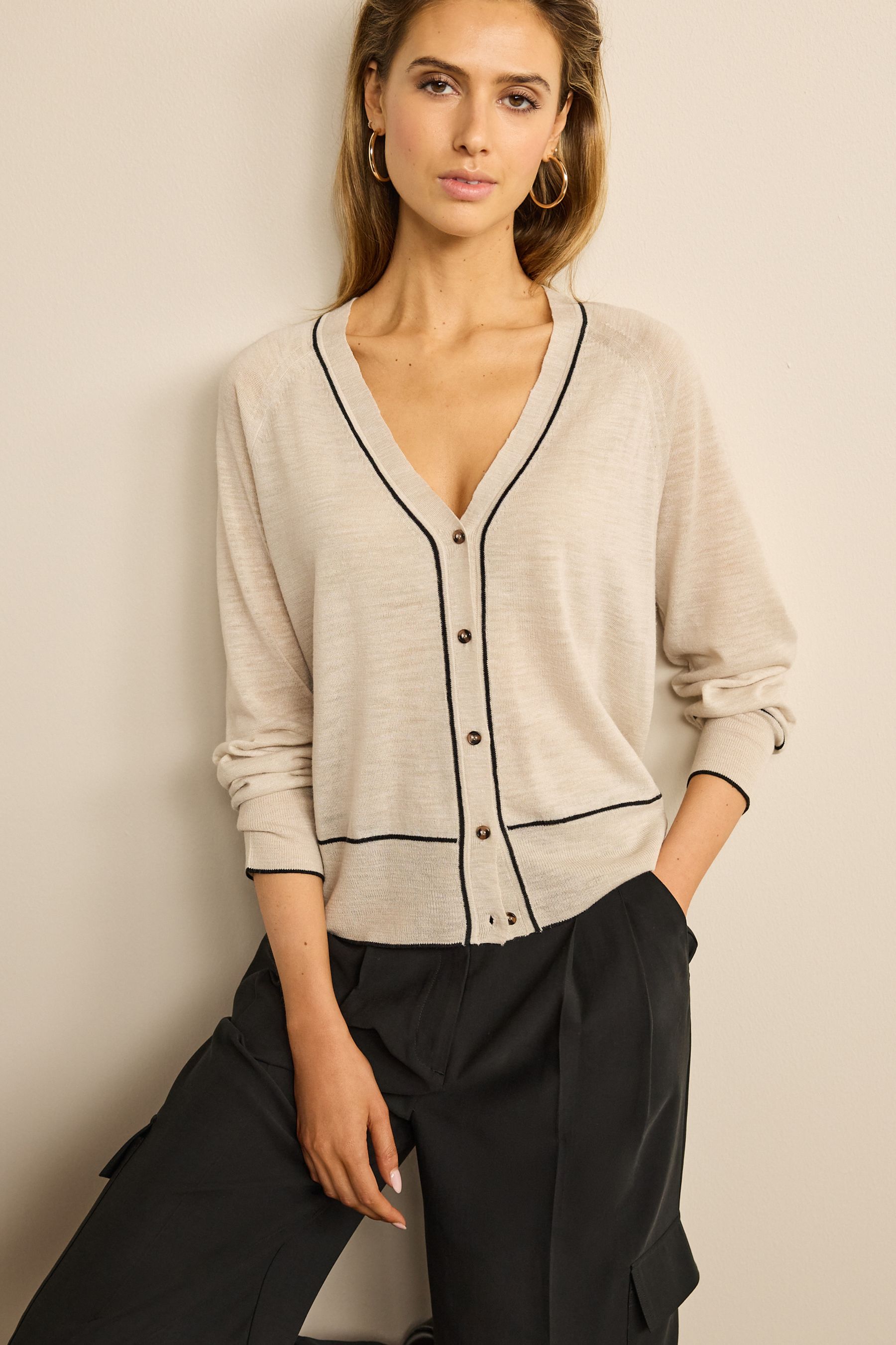 Buy Neutral Cream Tipped Button Up Linen Cardigan from Next Luxembourg