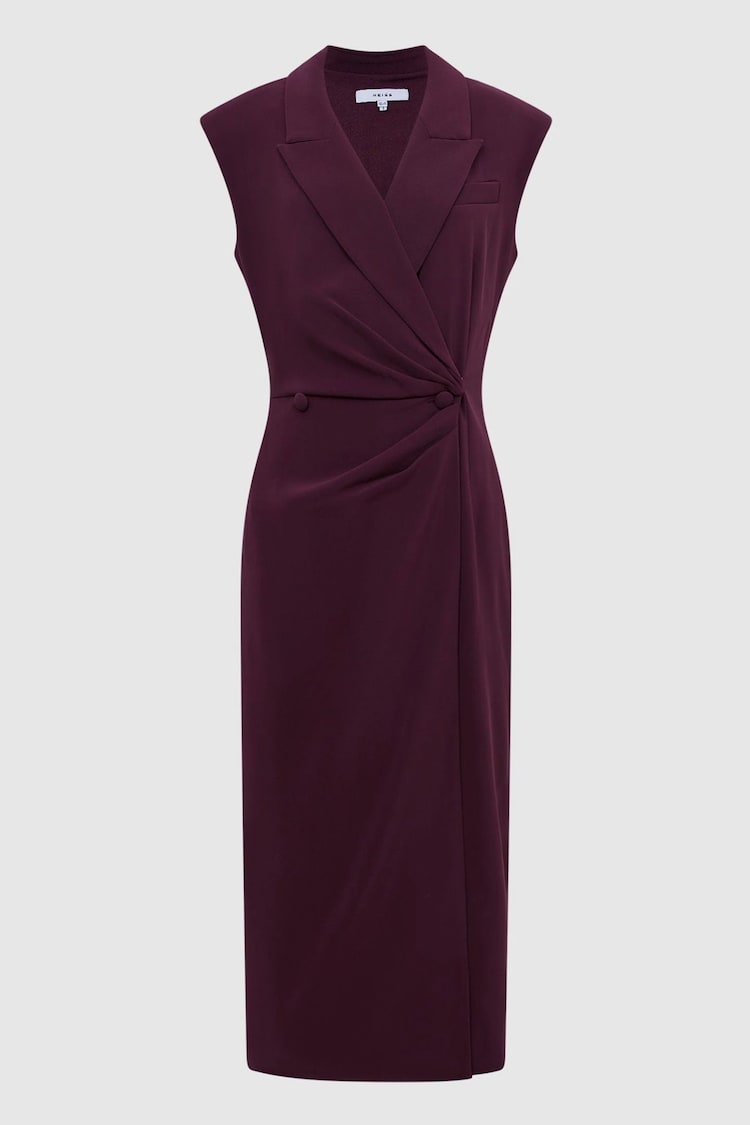 Reiss Burgundy Cecile Tuxedo Bodycon Midi Dress - Image 2 of 6