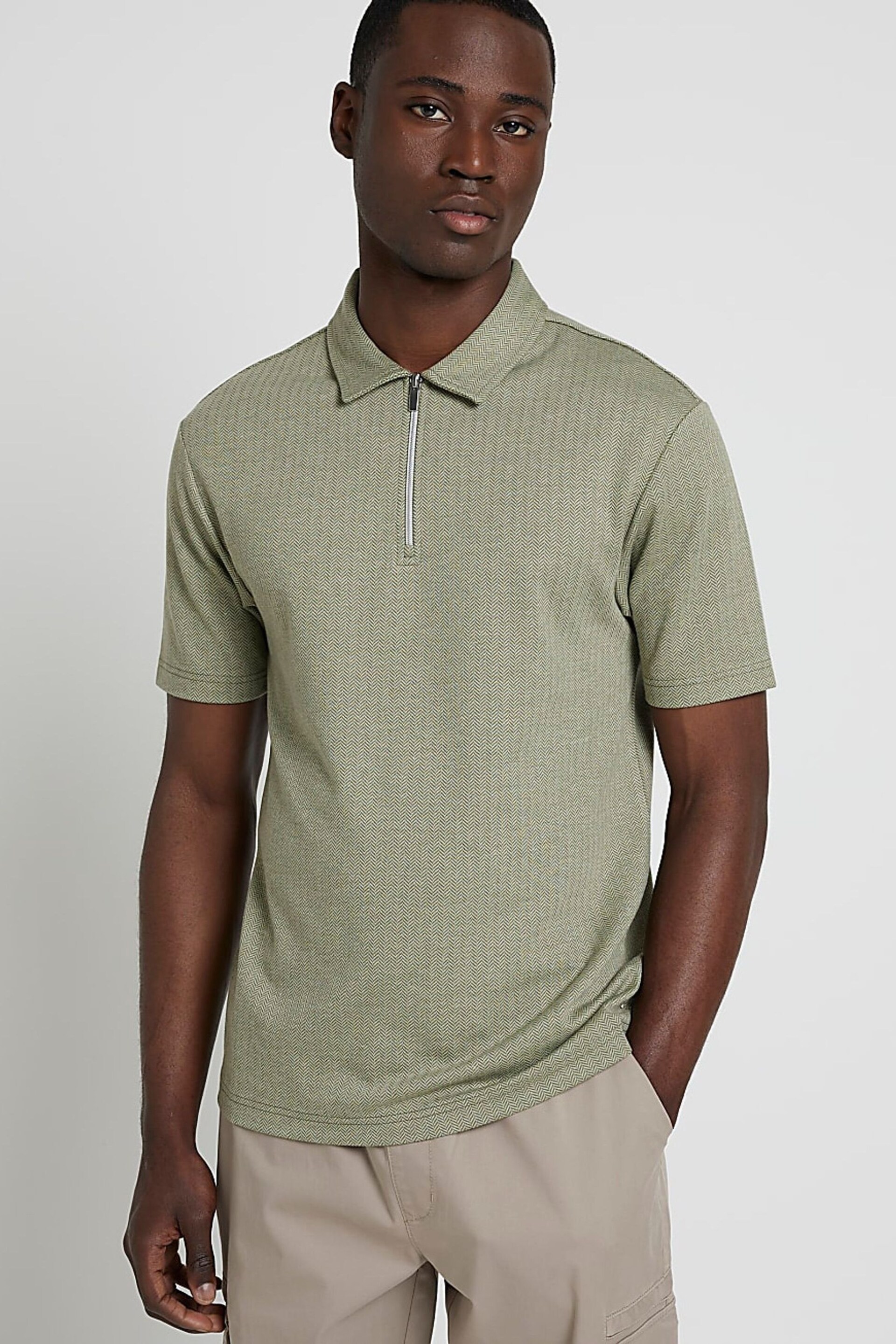 River Island Green Herringbone Regular Fit Zip Polo Shirt - Image 2 of 5