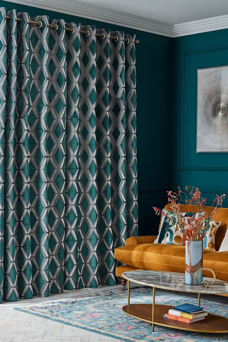 Teal Blue Collection Luxe Heavyweight Geometric Cut Velvet Lined Eyelet Curtains - Image 2 of 6