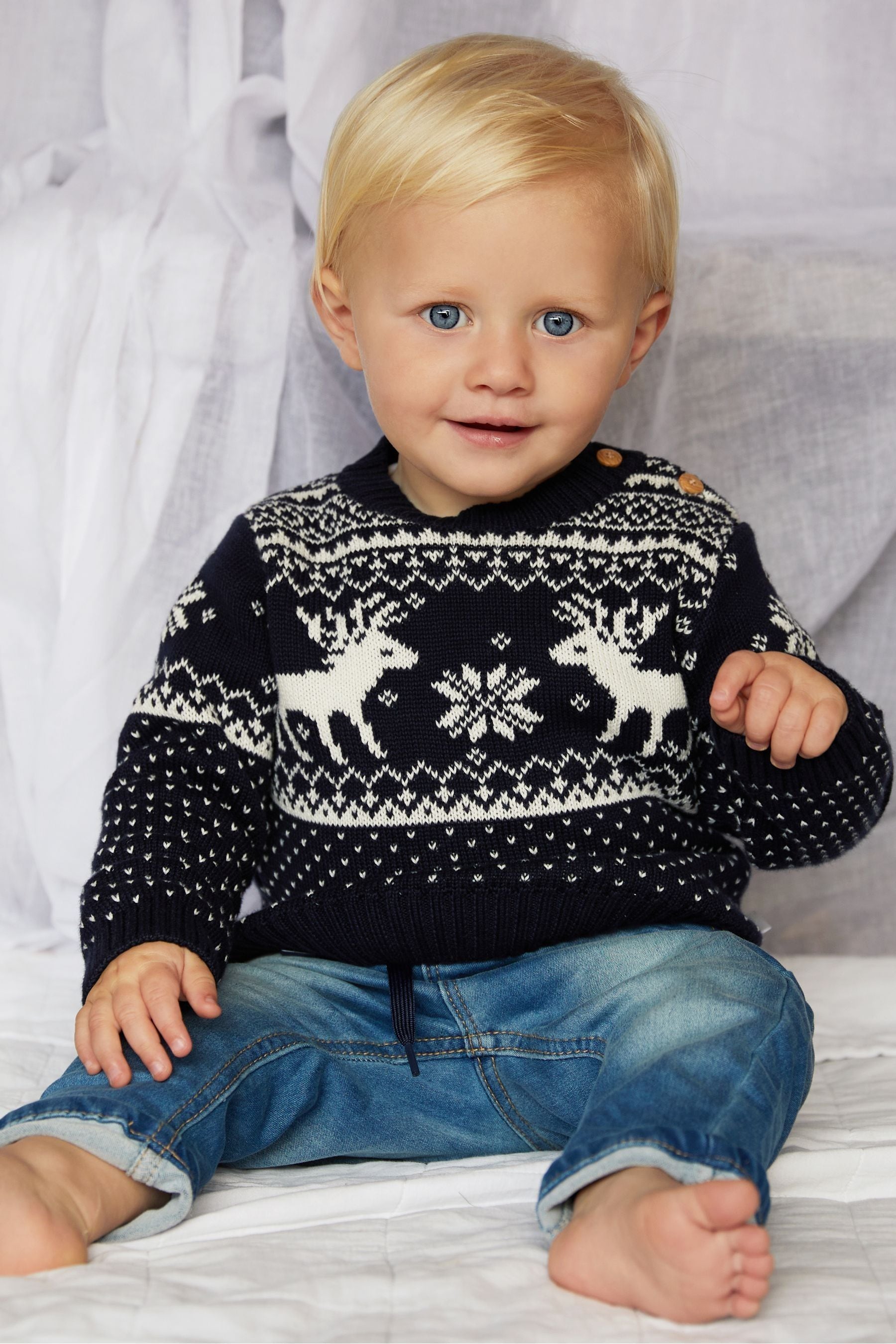 The Little Tailor Baby Christmas Reindeer Fairisle Jumper navy