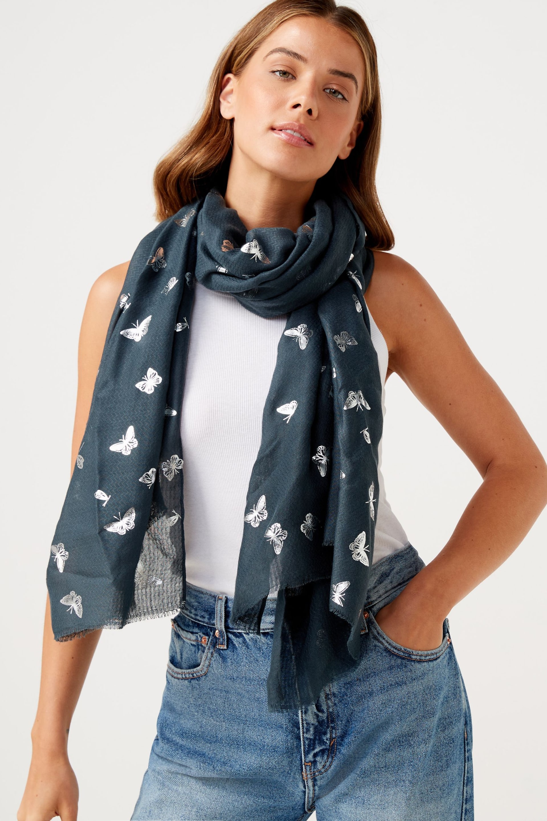 Charcoal Grey Butterfly Foil Lightweight Scarf - Image 1 of 4