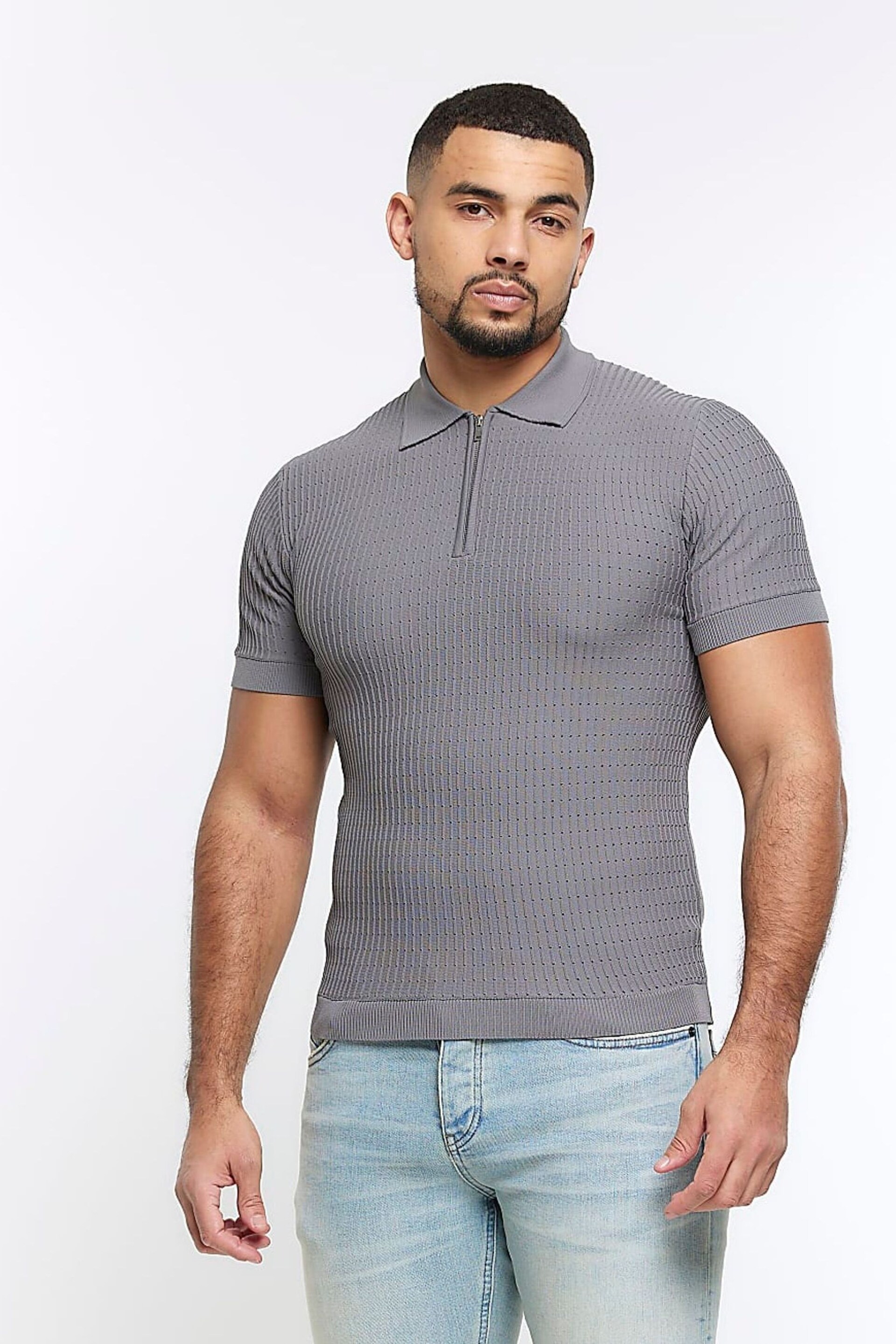 River Island Grey Muscle Fit Brick Polo Shirt - Image 1 of 13