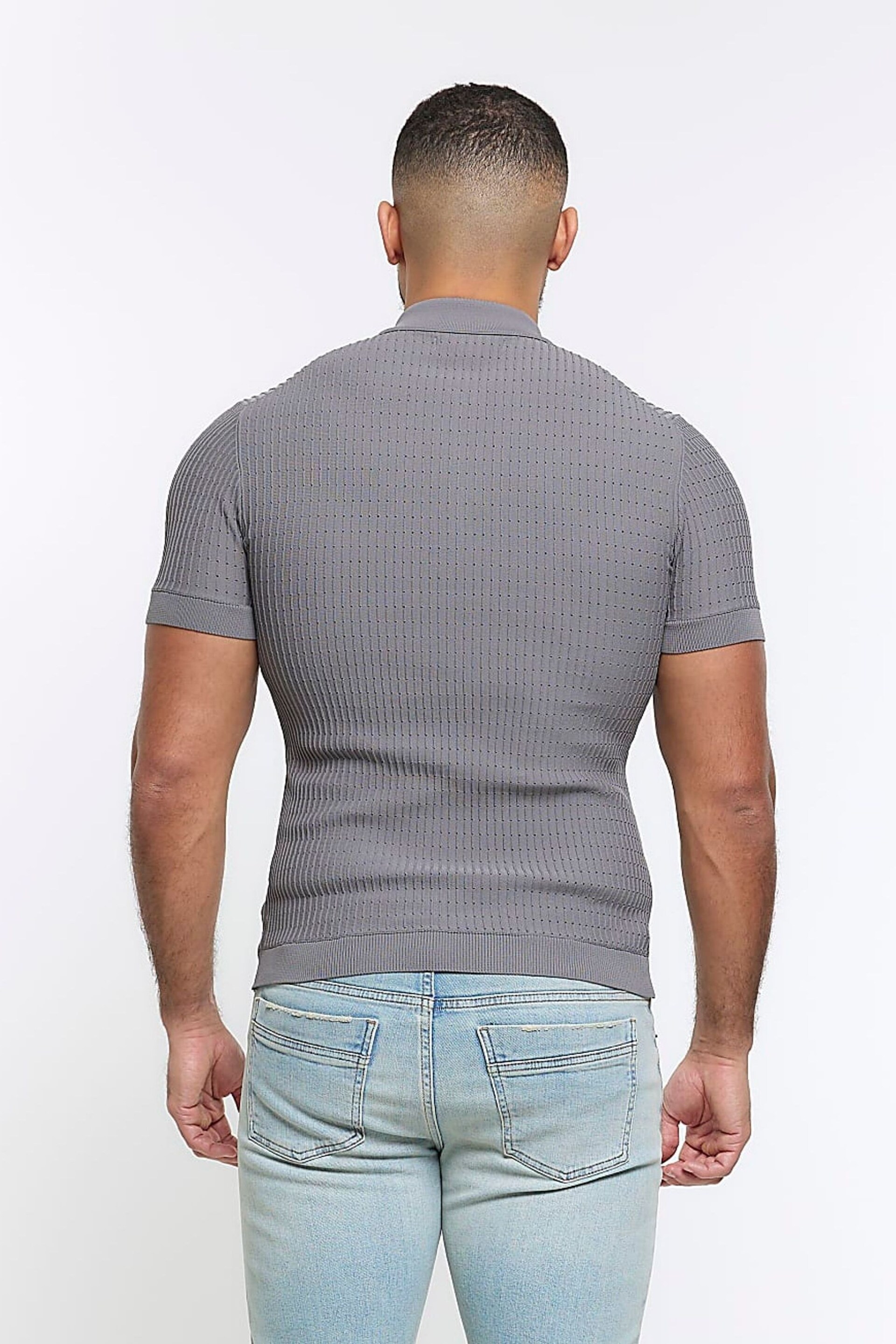 River Island Grey Muscle Fit Brick Polo Shirt - Image 4 of 13