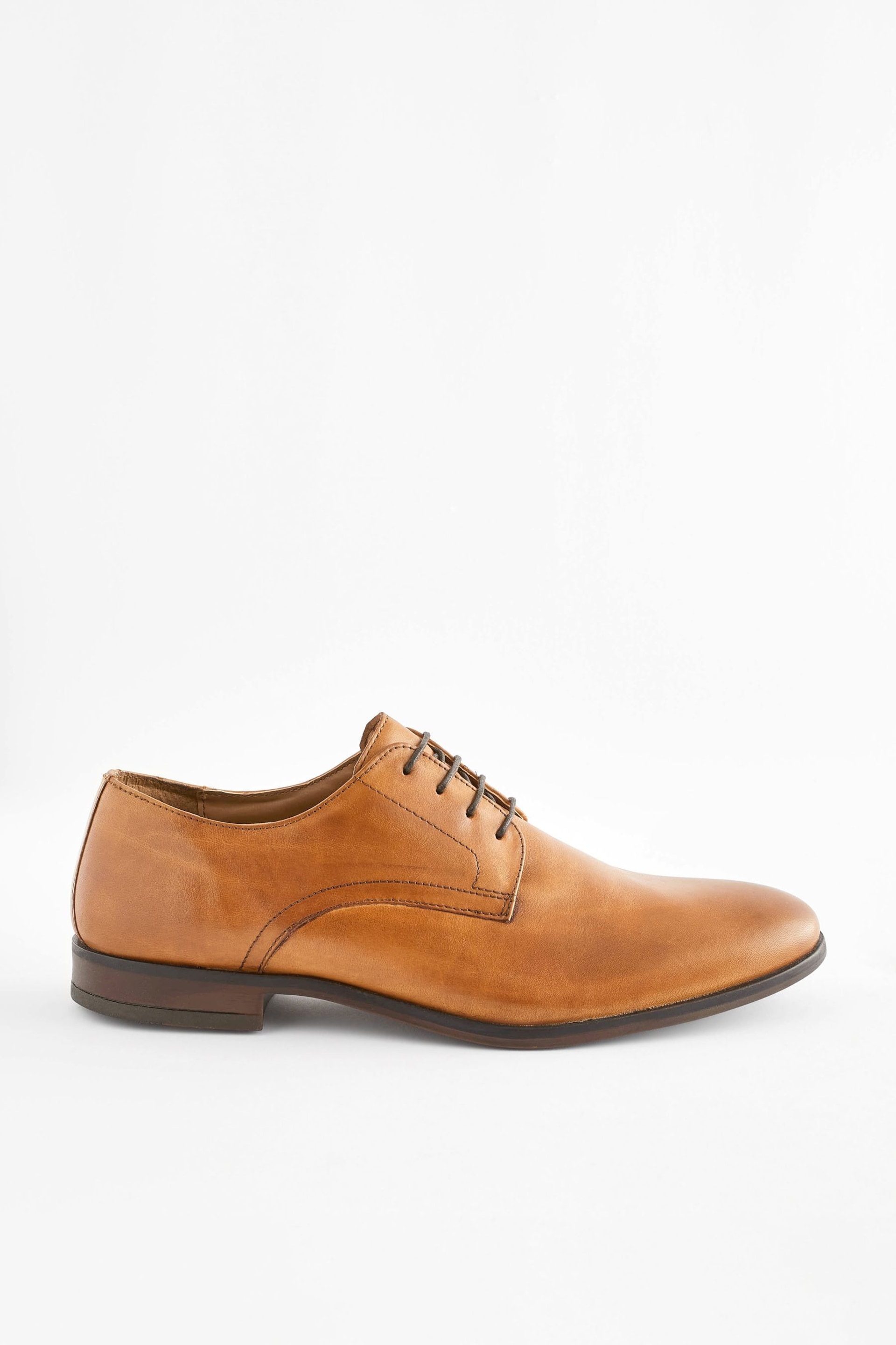 Tan Brown Leather Round Toe Derby Shoes - Image 2 of 6