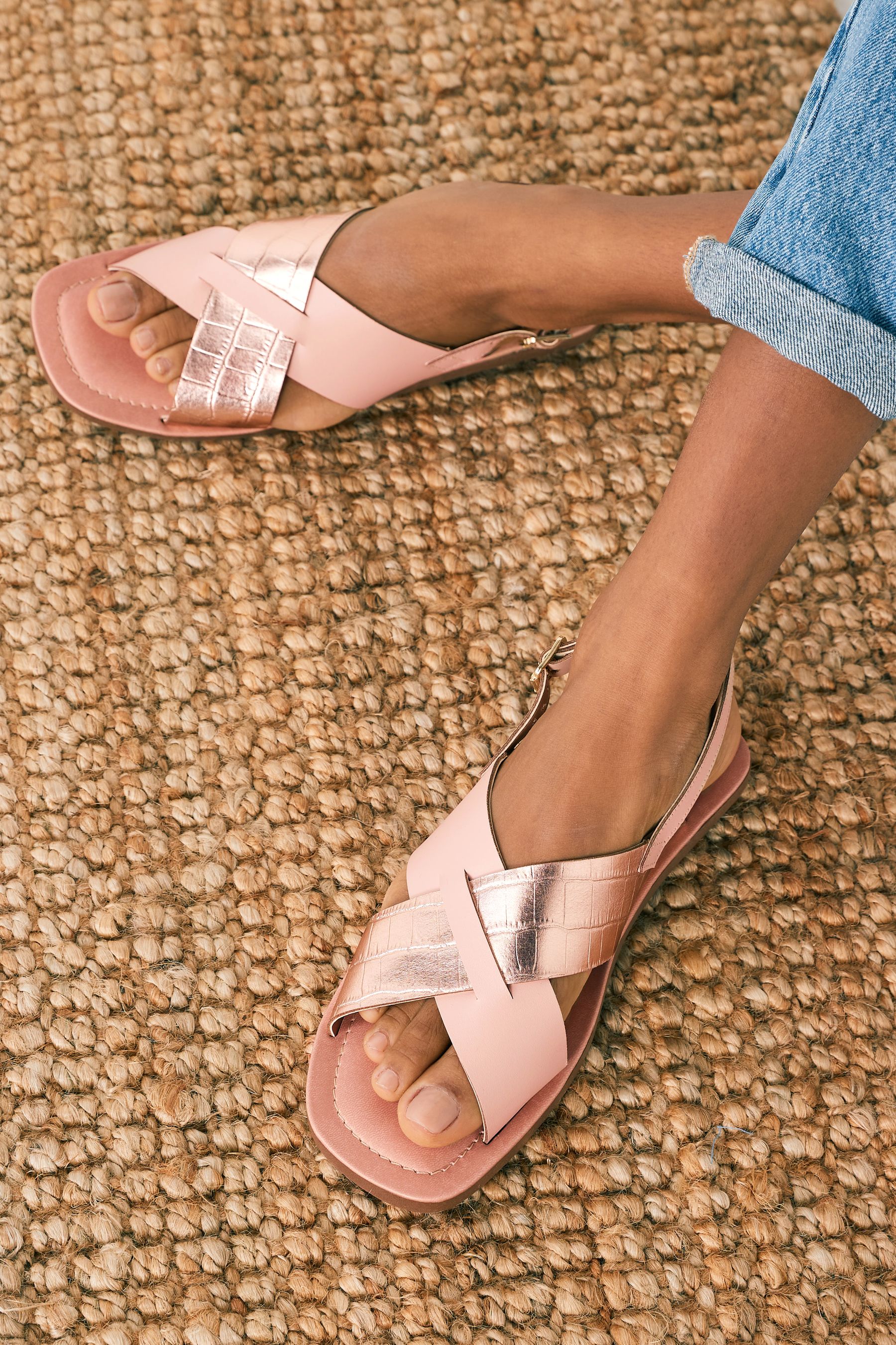 Buy Rose Gold Blush Pink Regular Wide Fit Forever Comfort Crossover Leather Sandals from Next Luxembourg