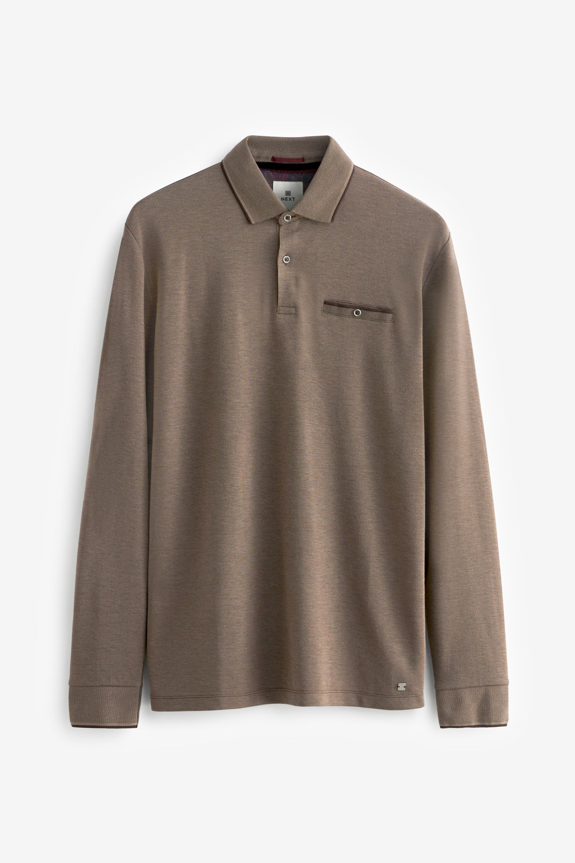 Neutral Brown Oxford Long Sleeve Pique Polo Shirt - Image 6 of 8