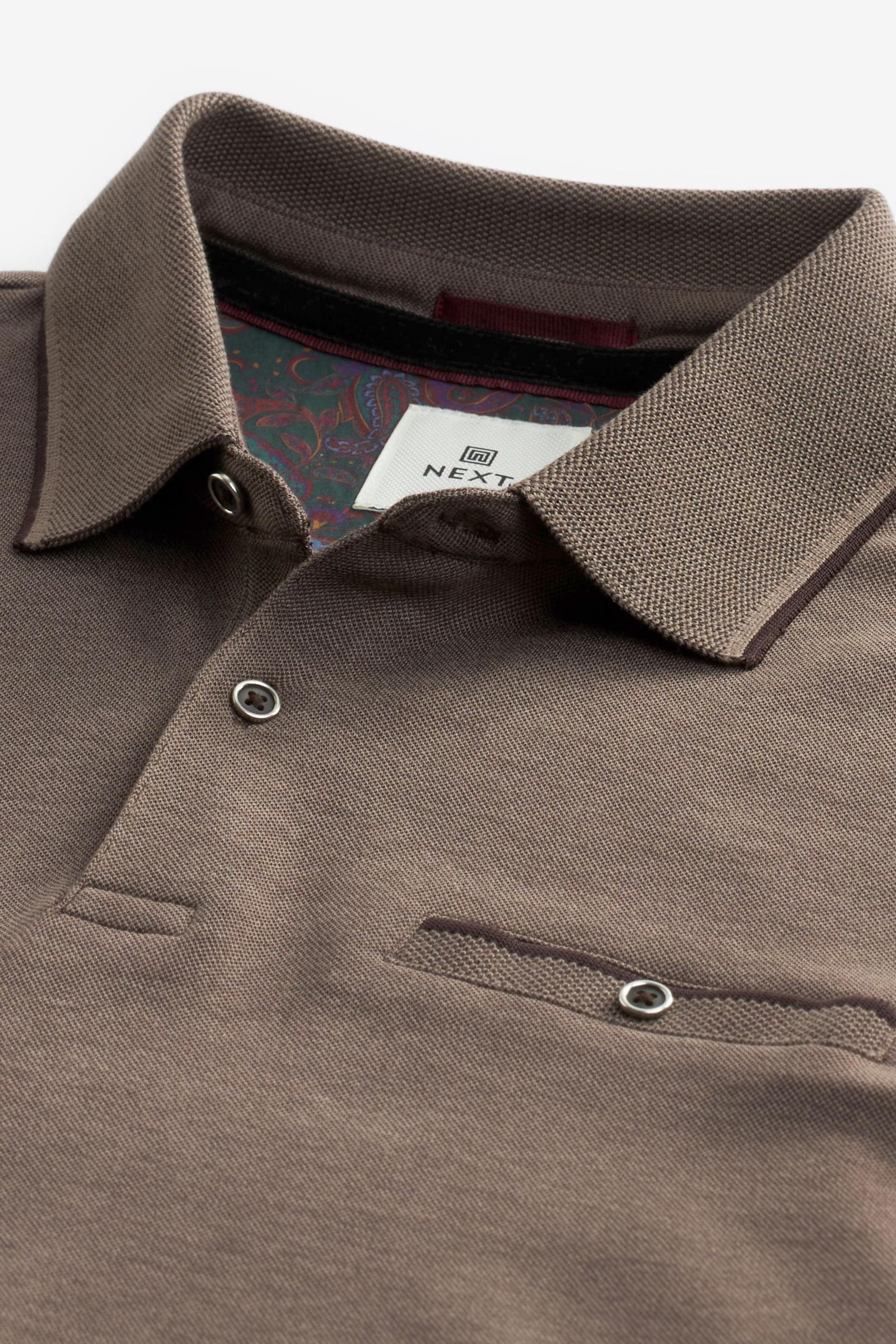 Neutral Brown Oxford Long Sleeve Pique Polo Shirt - Image 7 of 8
