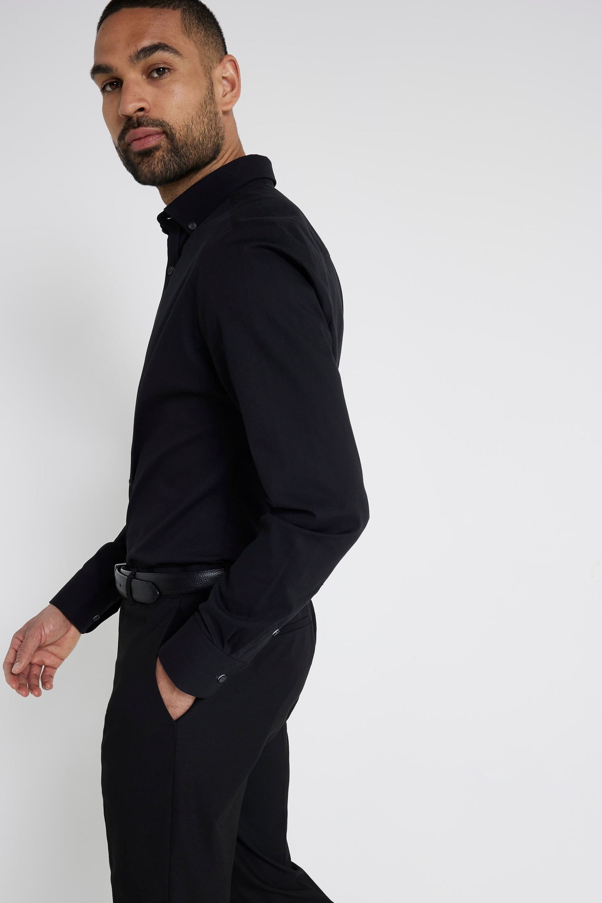 River Island Black Muscle Fit Long Sleeve Textured Shirt - Image 2 of 4