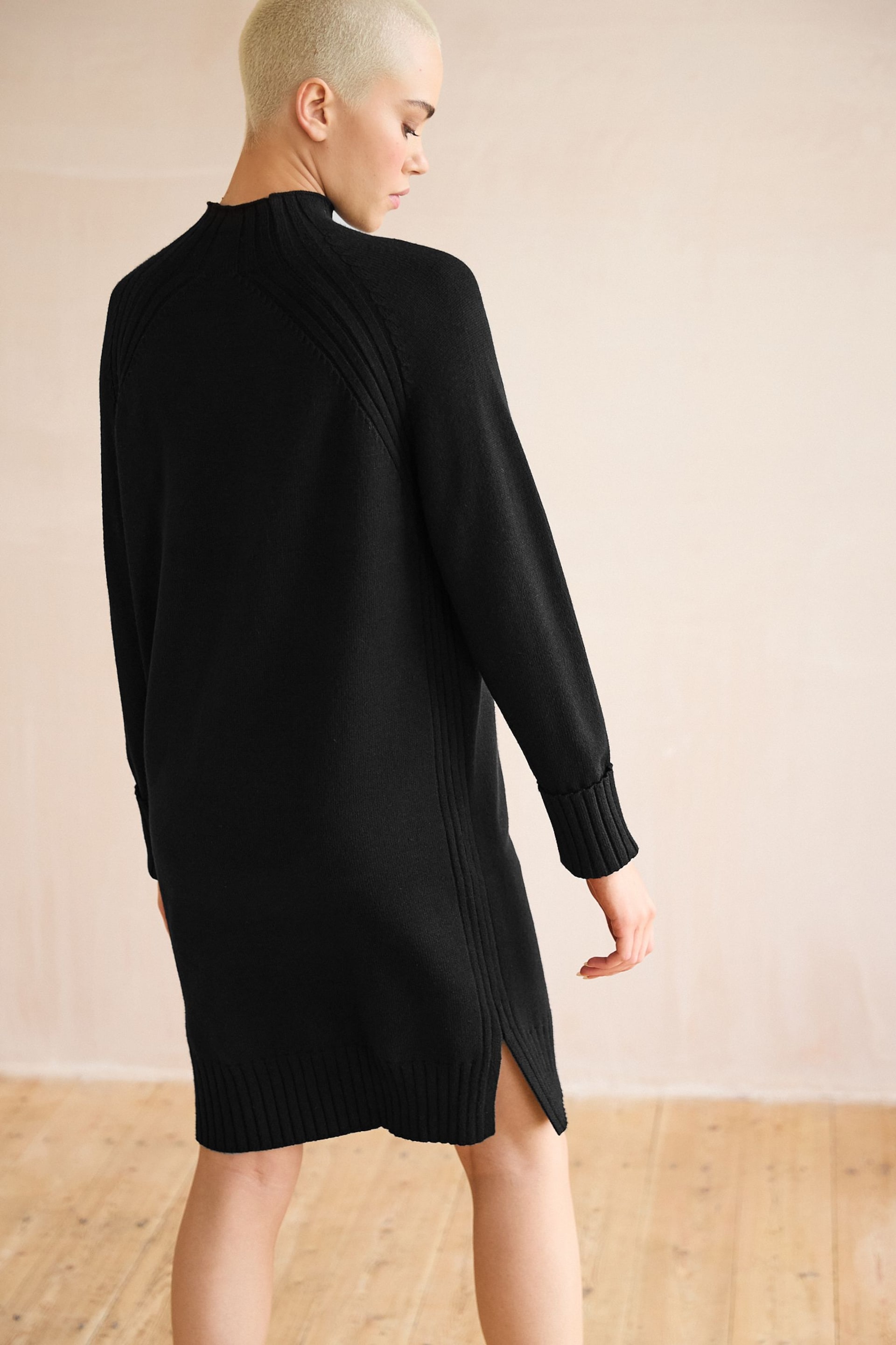 Black Rib Knit High Neck Midi Jumper Dress - Image 3 of 6