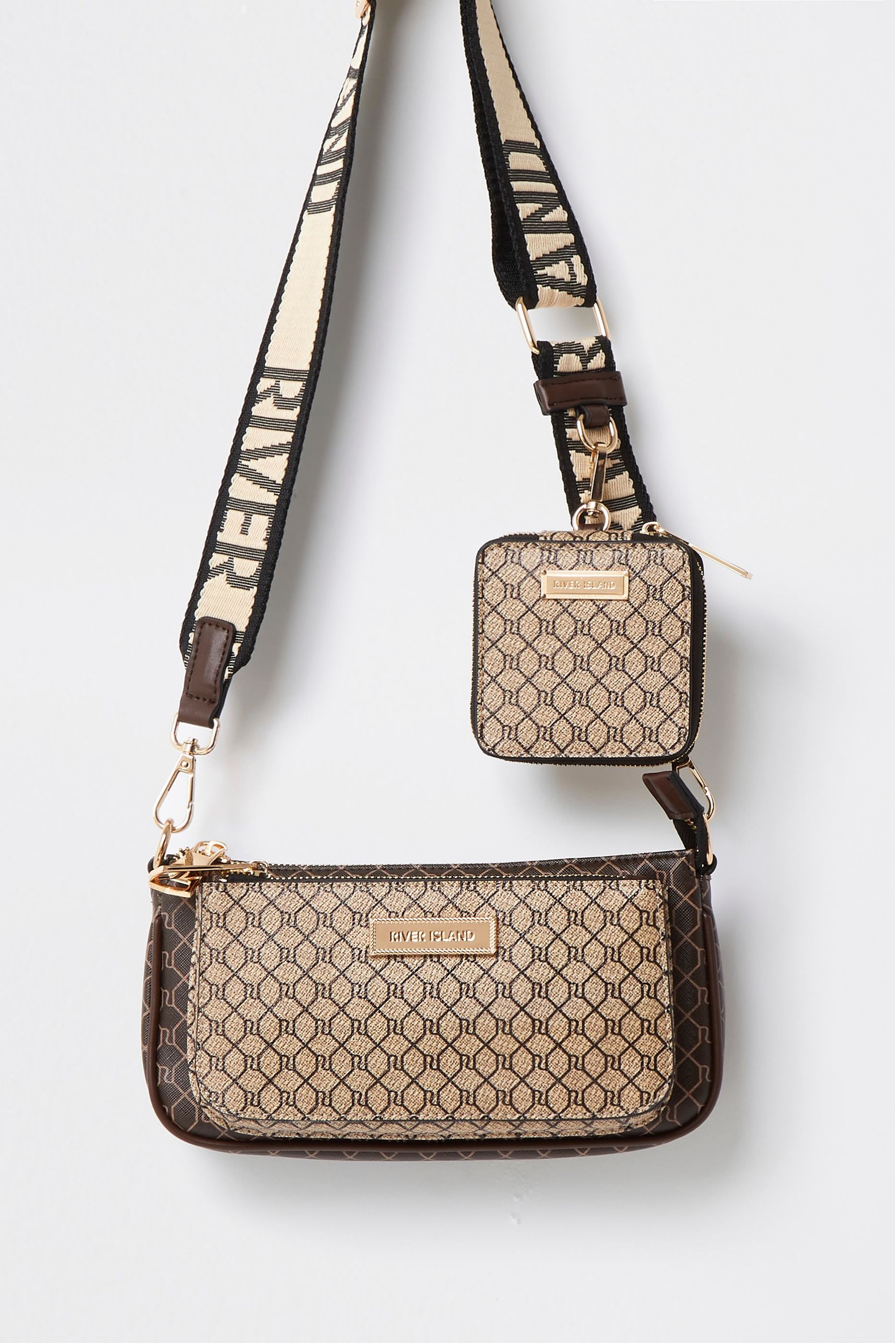 Buy River Island Brown Monogram Double Pouchette Bag from the Next UK online shop