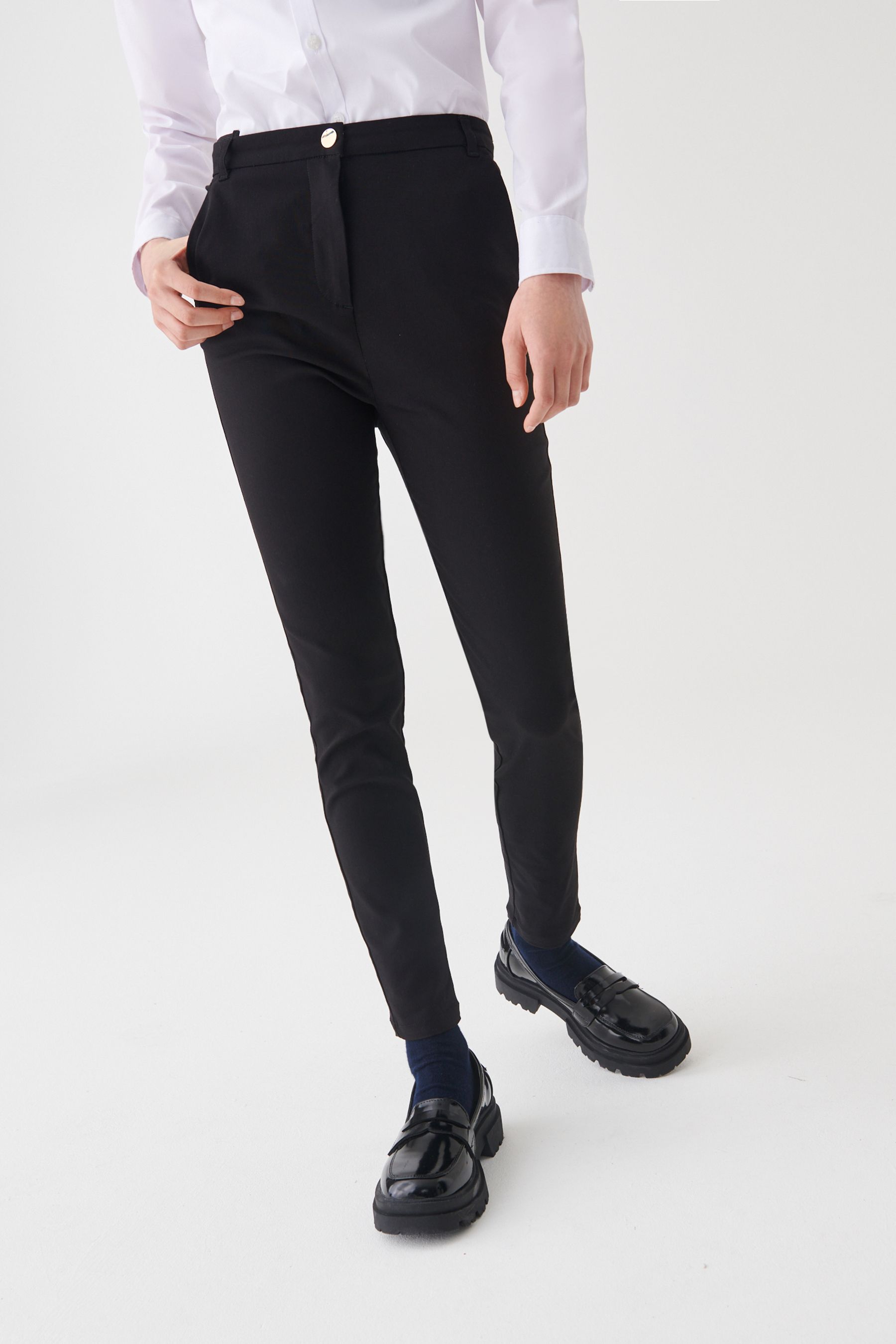 NEXT Black Senior Gold Snap High Waisted Skinny Stretch School Trousers 9 17yrs 1011years Girls