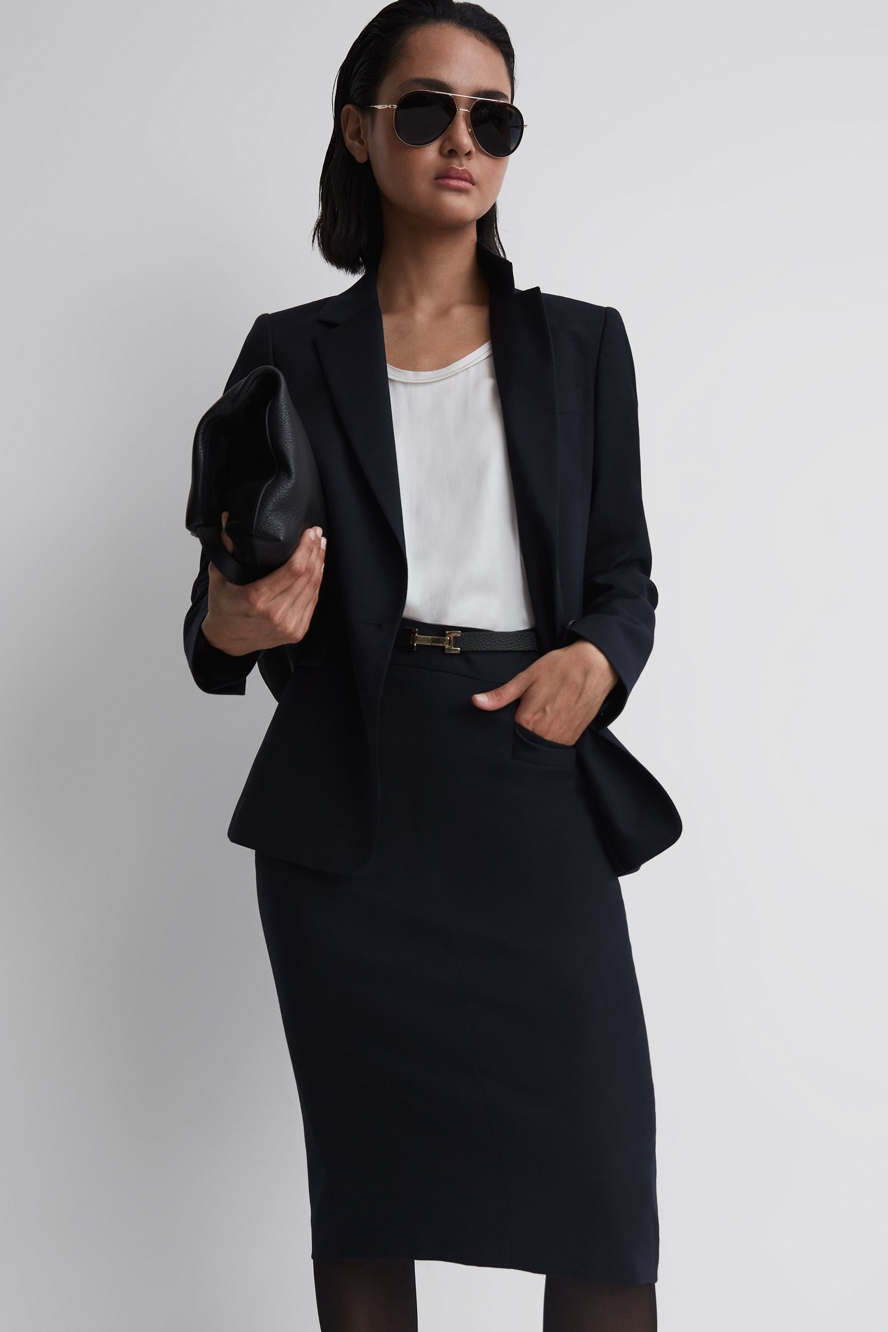 Long navy wool pencil skirt shop
