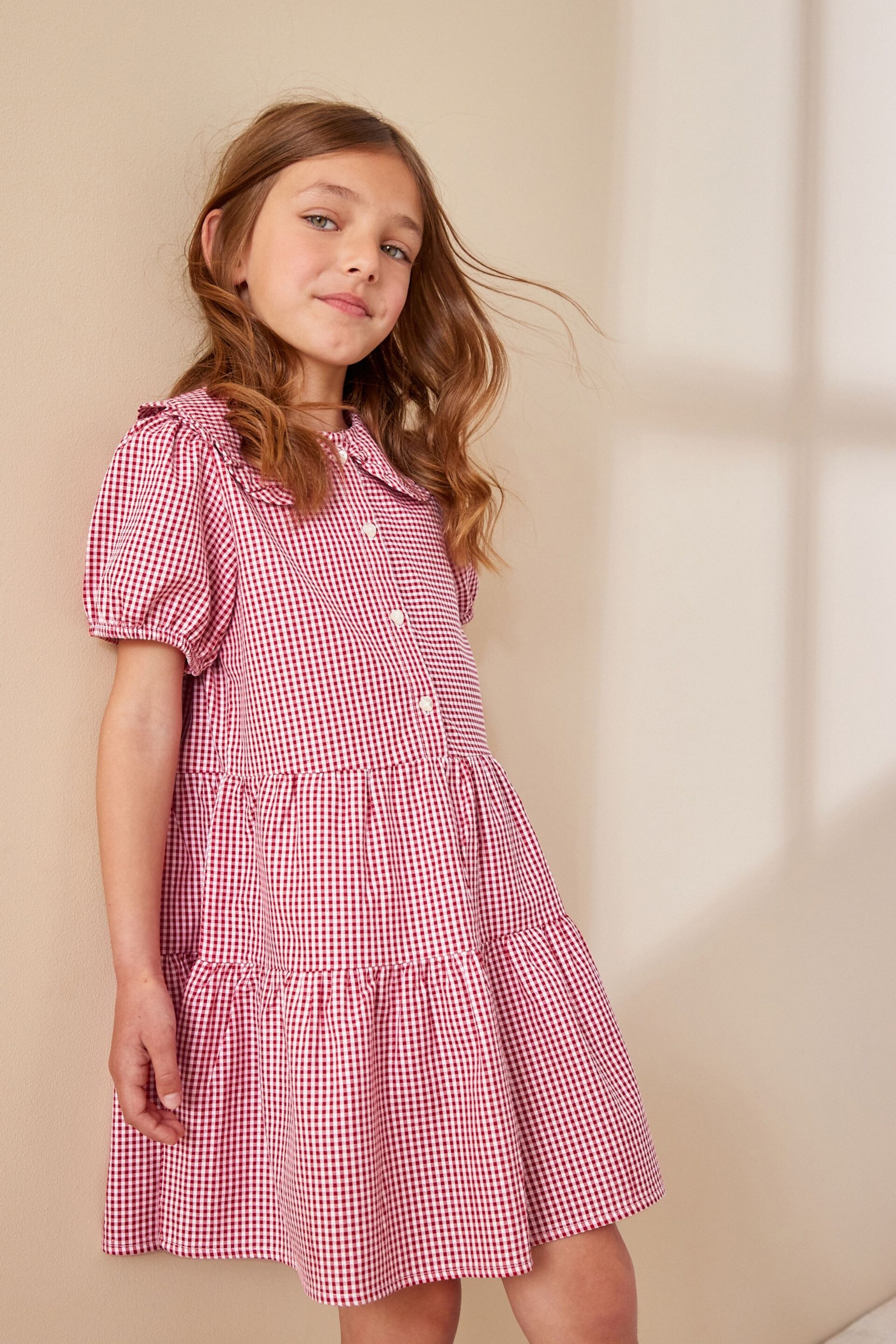 Red Cotton Rich School Gingham Tiered Pretty Collar Dress (3-14yrs) - Image 1 of 7