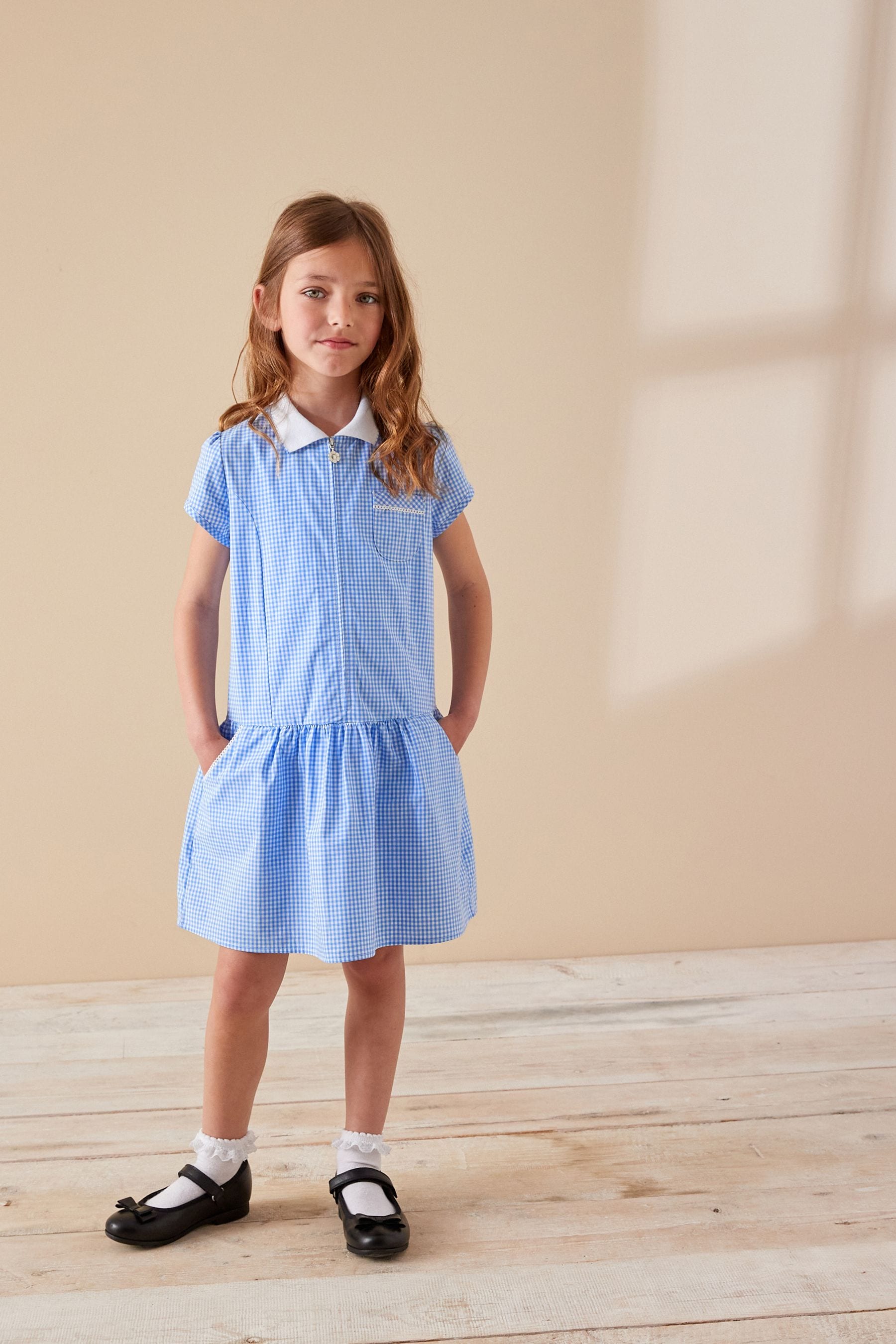 Blue check summer school dress discount