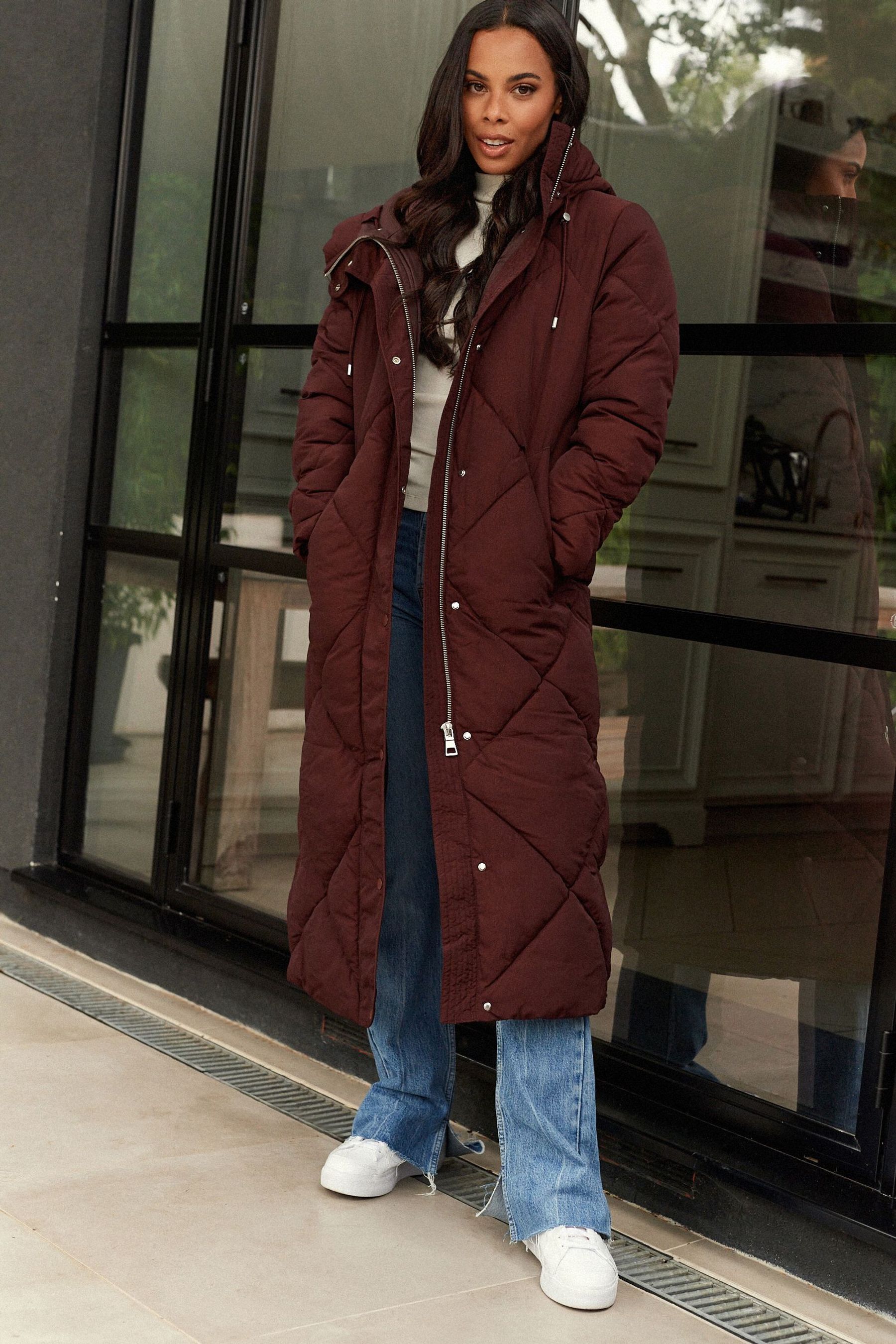 Buy Chestnut Brown Long Diamond Quilted Showerproof Duvet Coat With Hood from Next Luxembourg