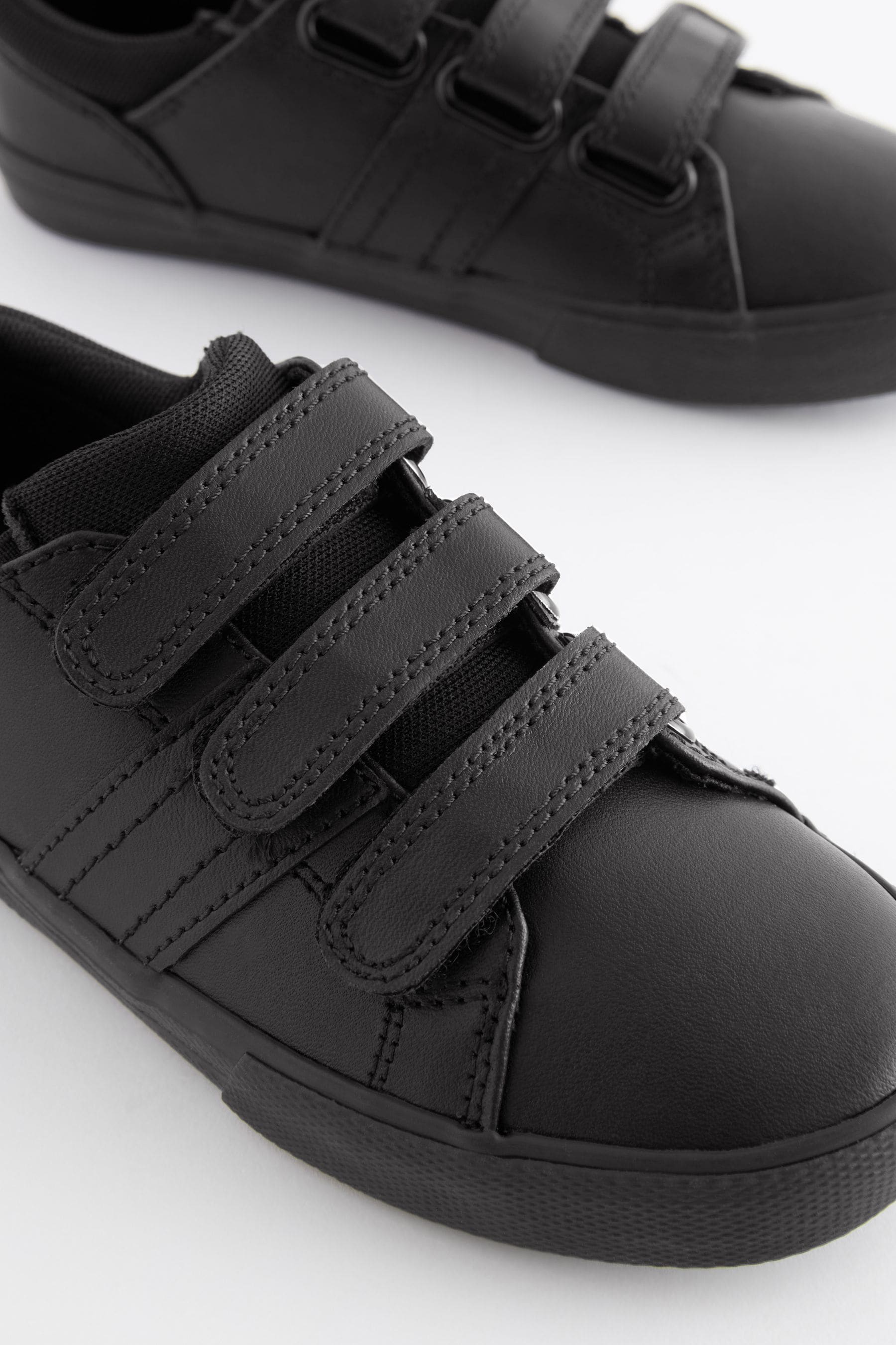 Black Extra Wide Fit H School Leather Triple Strap Shoes