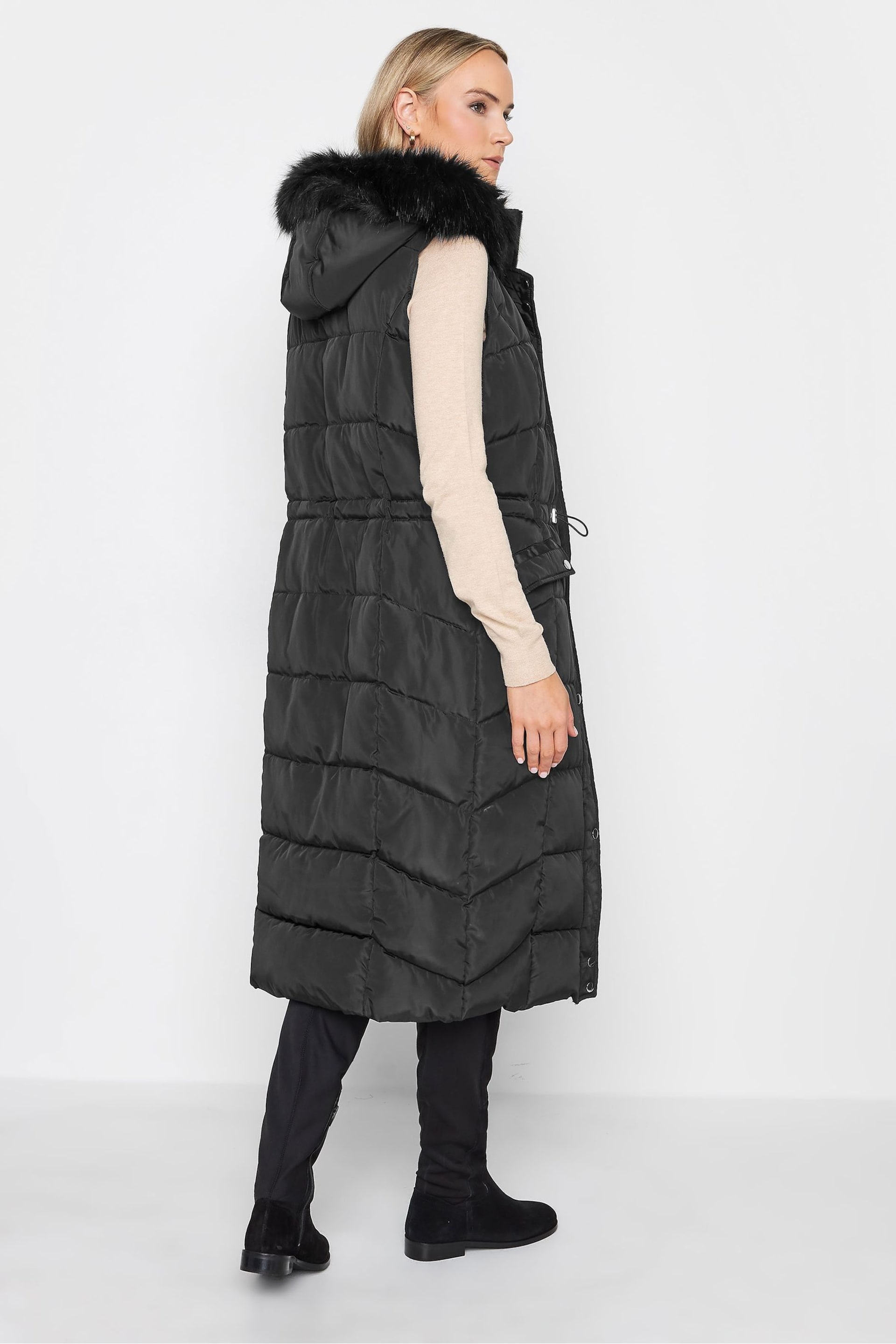 Long Tall Sally Black Faux Fur Trim Midi Gilet - Image 2 of 5