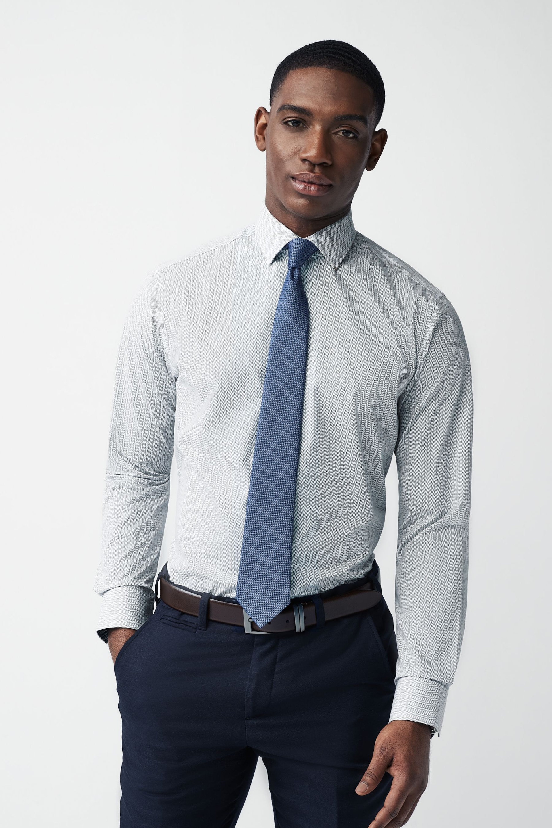 Neutral Brown/Blue Slim Fit Single Cuff Shirt And Tie Pack - Image 1 of 8