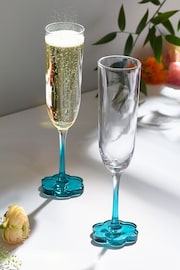 Set of 2 Teal Blue Flower Base Champagne Flutes - Image 1 of 5