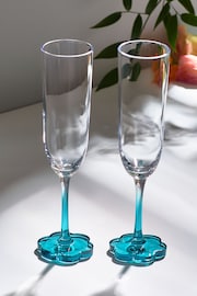 Set of 2 Teal Blue Flower Base Champagne Flutes - Image 2 of 5