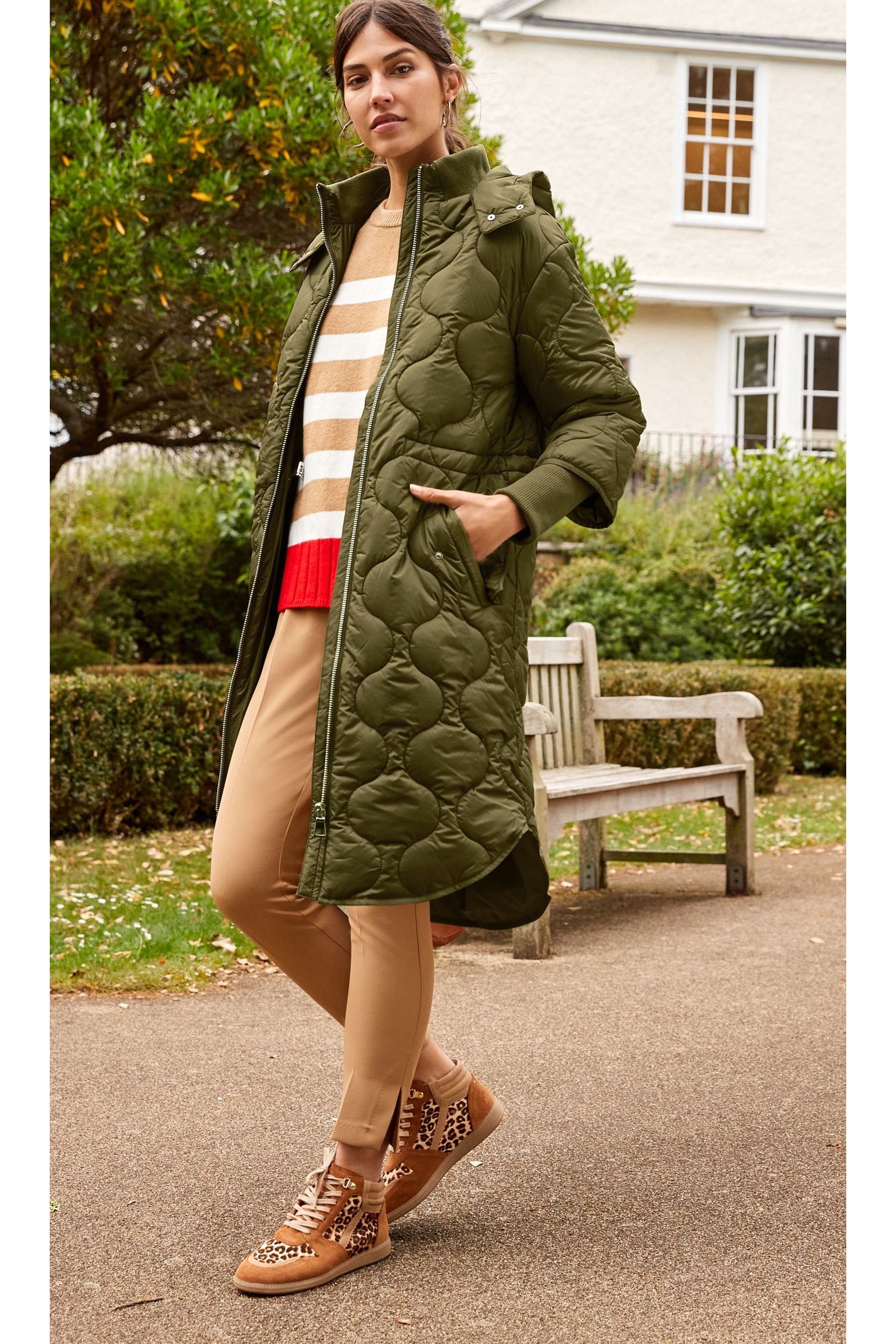 Buy Khaki Green Rib Sleeve Onion Quilted Coat from Next Luxembourg