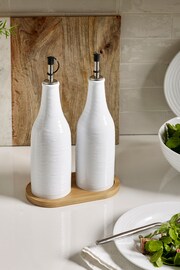 Set of 2 White Malvern Embossed Oil Set of 2 Oil Bottles Bottles with Tray - Image 1 of 4