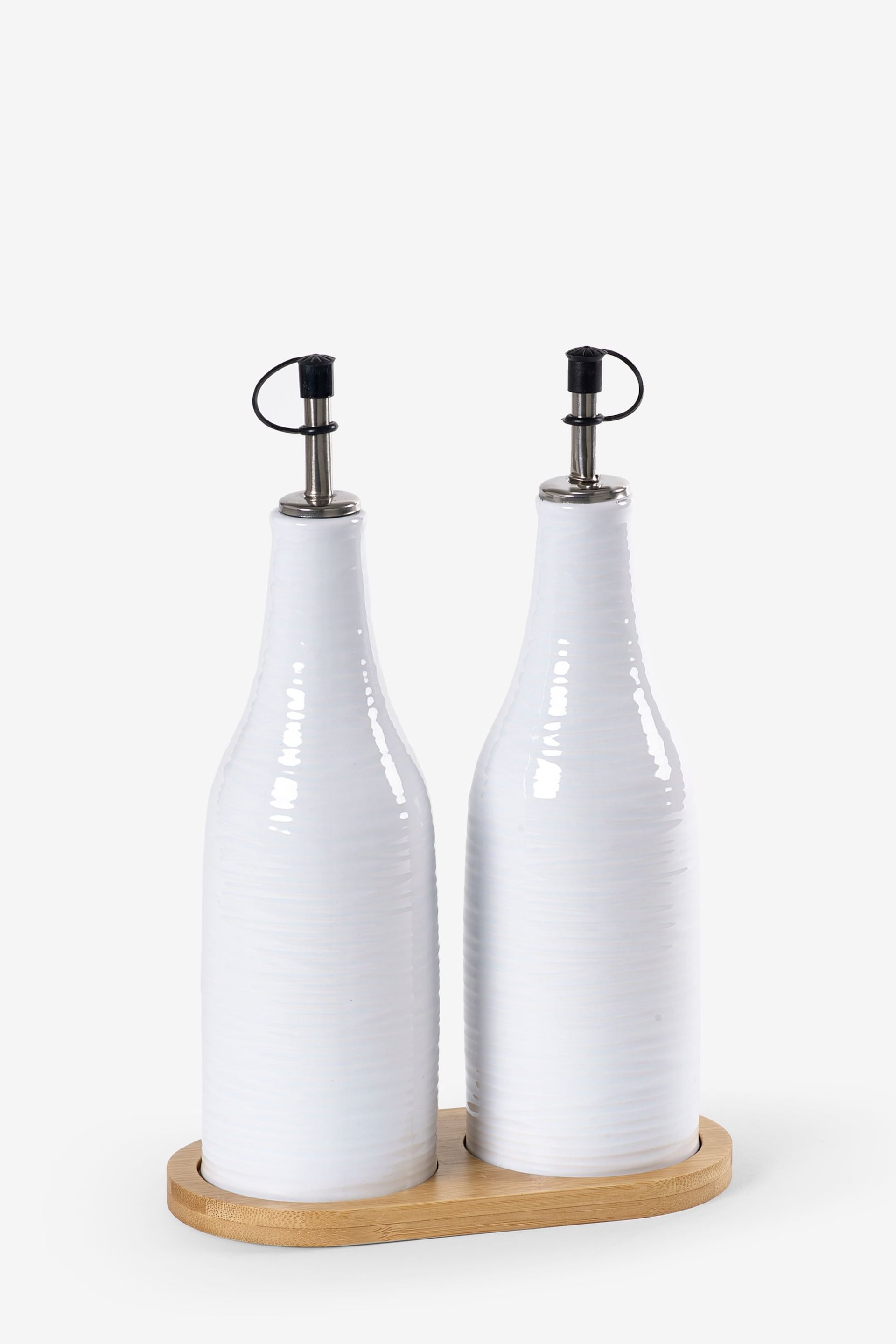 Set of 2 White Malvern Embossed Oil Set of 2 Oil Bottles Bottles with Tray - Image 4 of 4