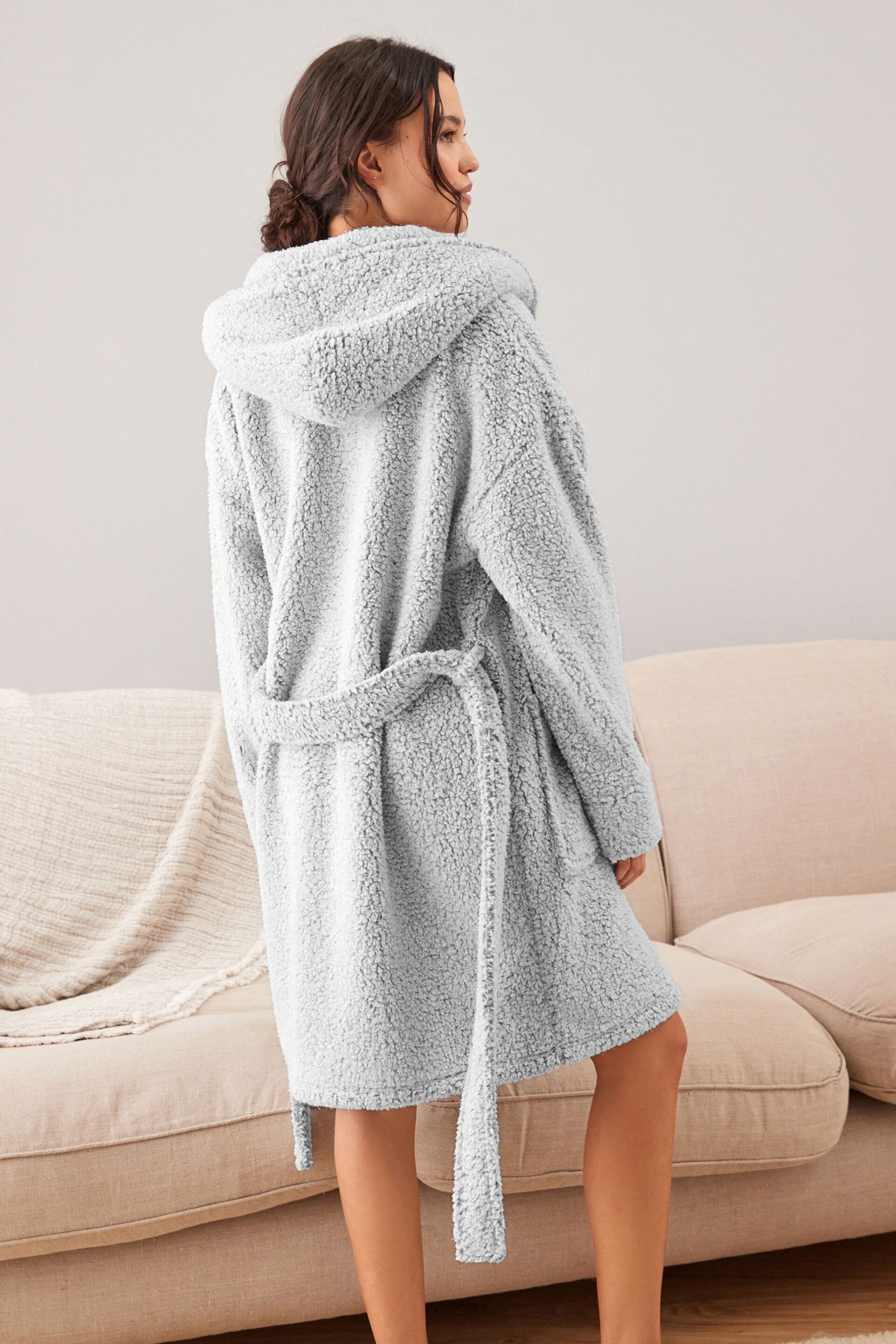 Grey Short Teddy Borg Fleece Dressing Gown - Image 6 of 8