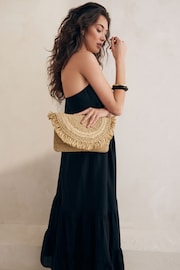 Natural Raffia Fringe Clutch Bag - Image 1 of 8