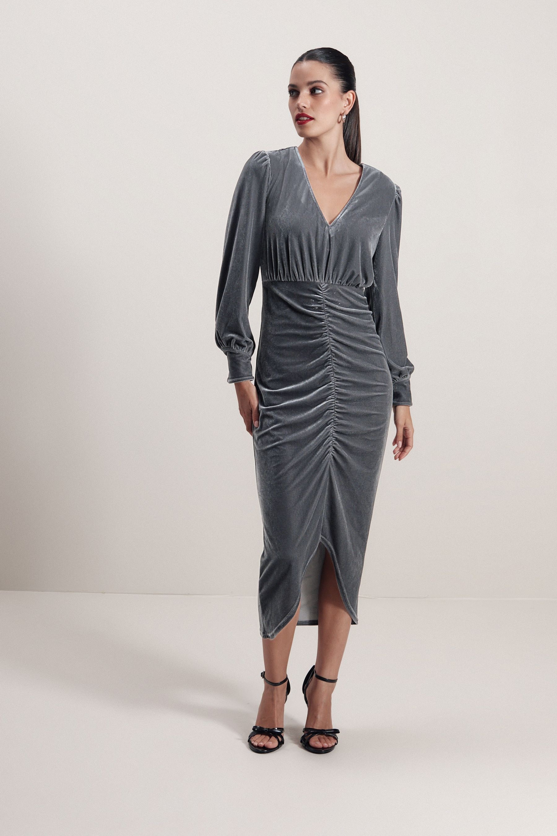 Grey velour dress shop