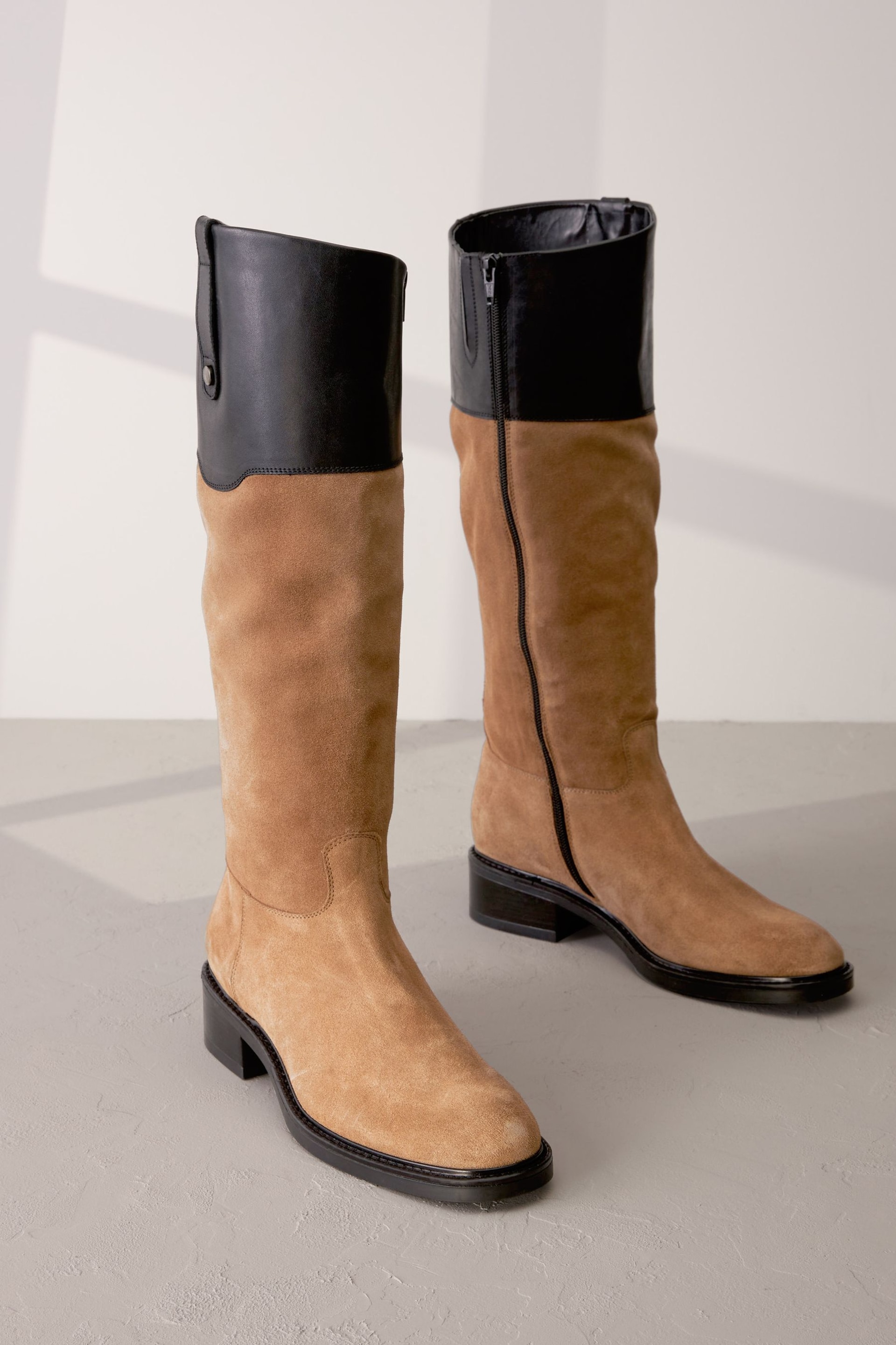 Tan & Black Signature Leather Panelled Rider Knee High Boots - Image 1 of 6