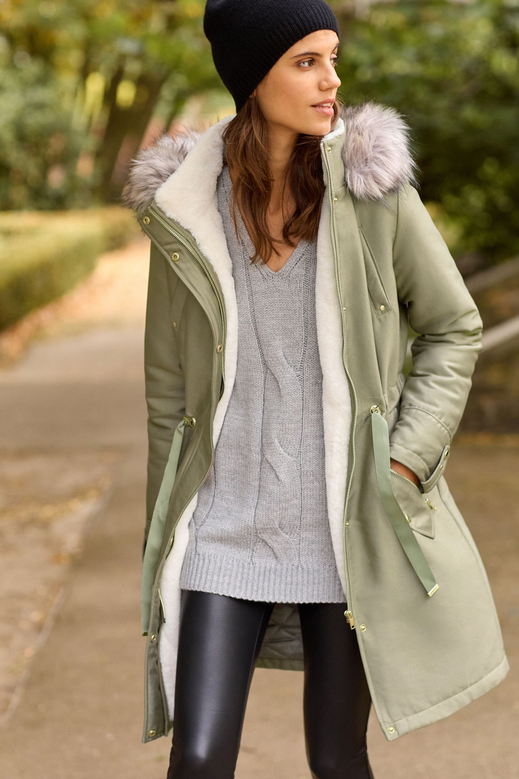Green coat with fur hood sales