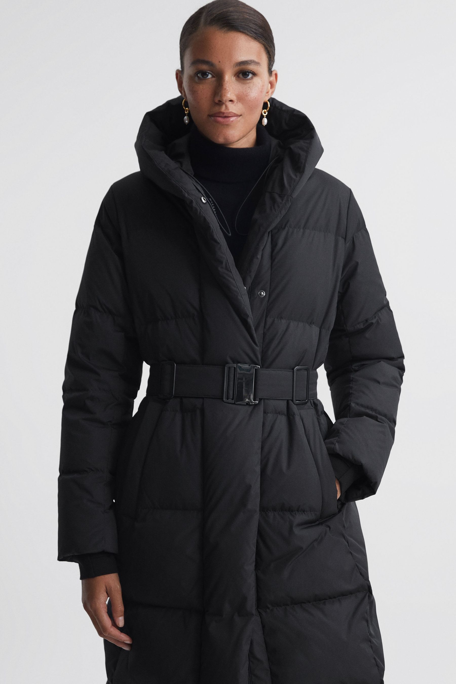 Reiss Black Larissa Petite Long Belted Puffer Coat