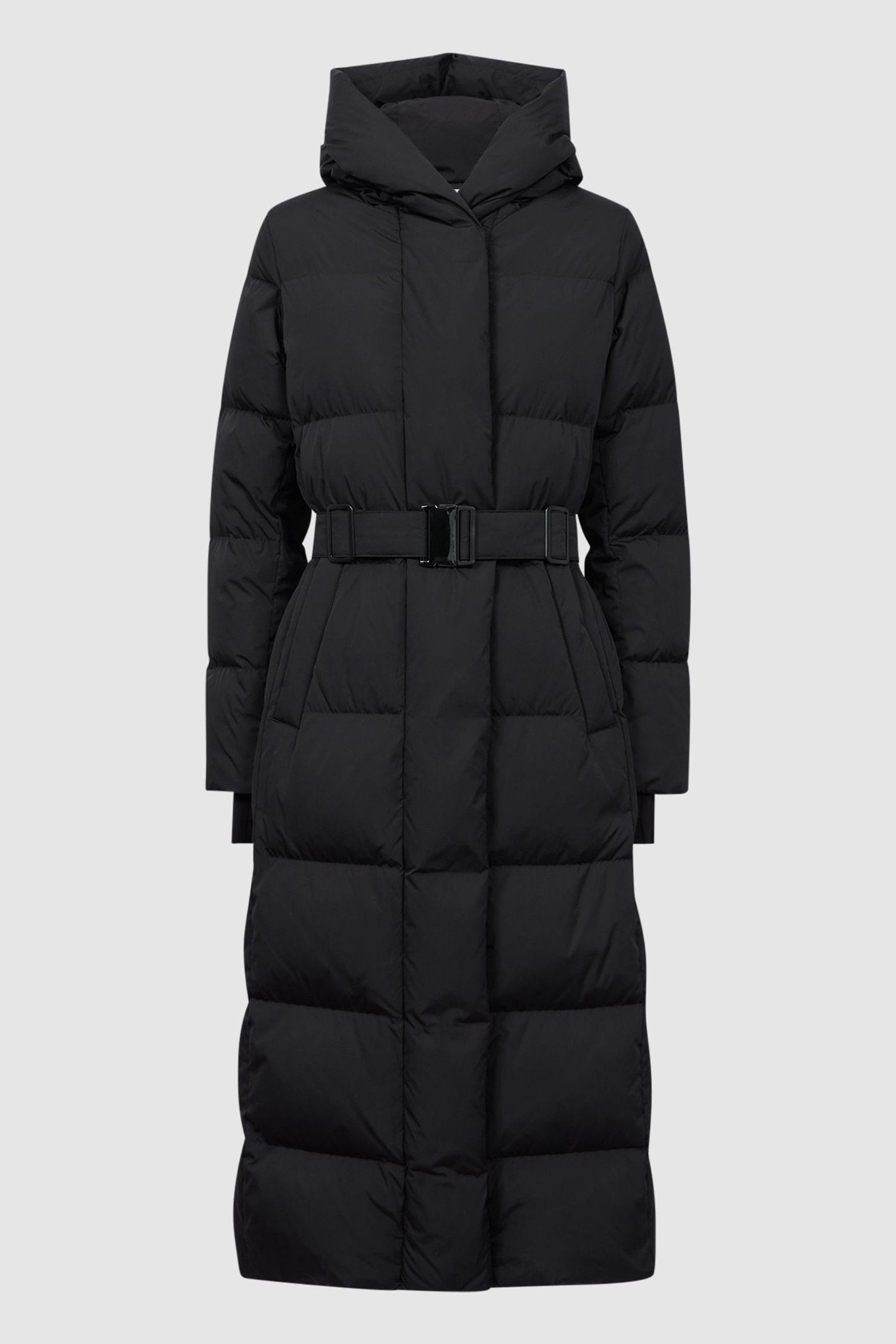 Reiss Black Larissa Petite Long Belted Puffer Coat