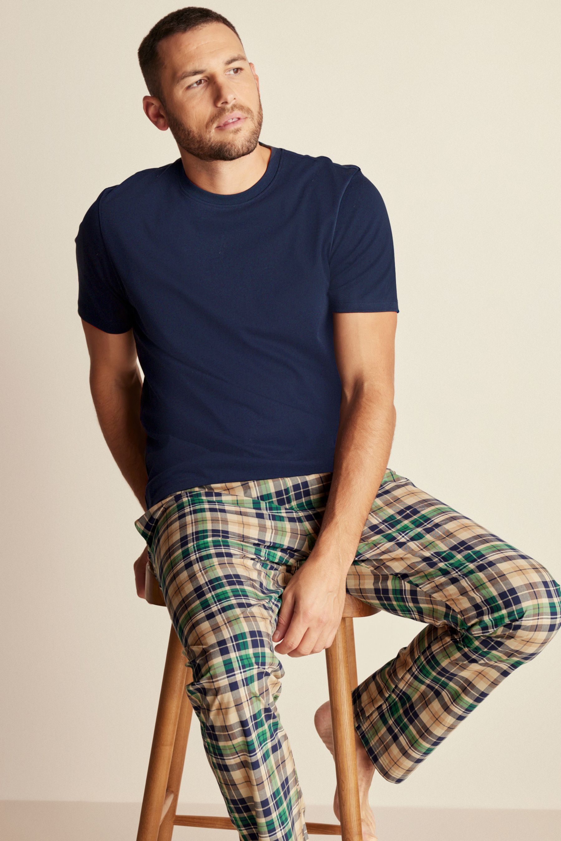 Buy Navy Blue Stone Natural Check Lightweight Pyjamas Set from Next Austria