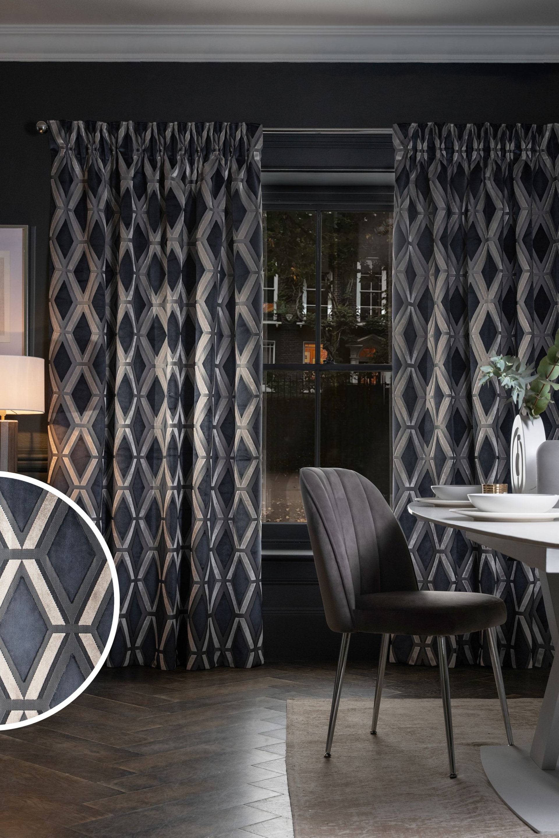 Navy Blue Next Collection Luxe Heavyweight Geometric Cut Velvet Pencil Pleat Lined Curtains - Image 1 of 5