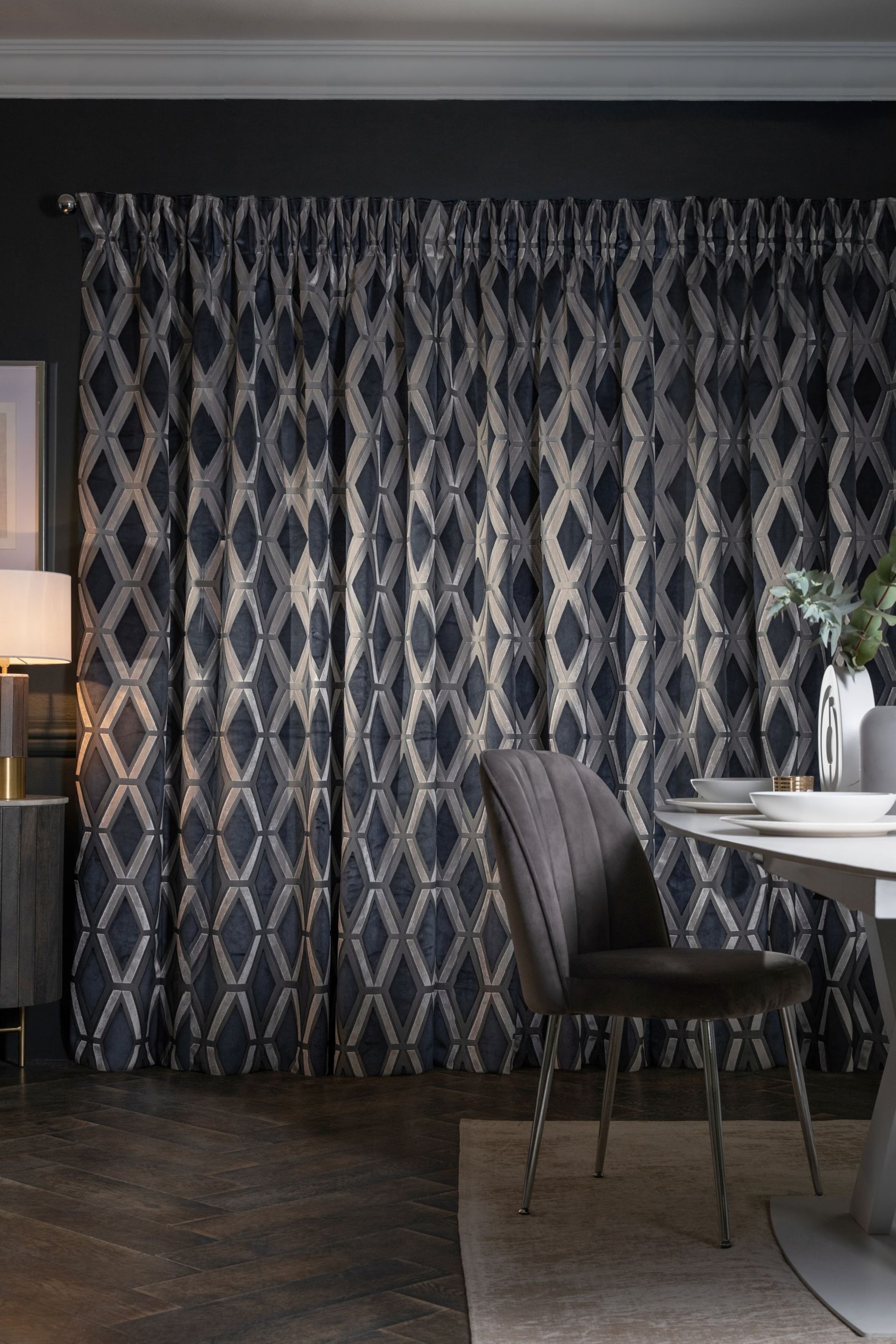 Navy Blue Next Collection Luxe Heavyweight Geometric Cut Velvet Pencil Pleat Lined Curtains - Image 2 of 5