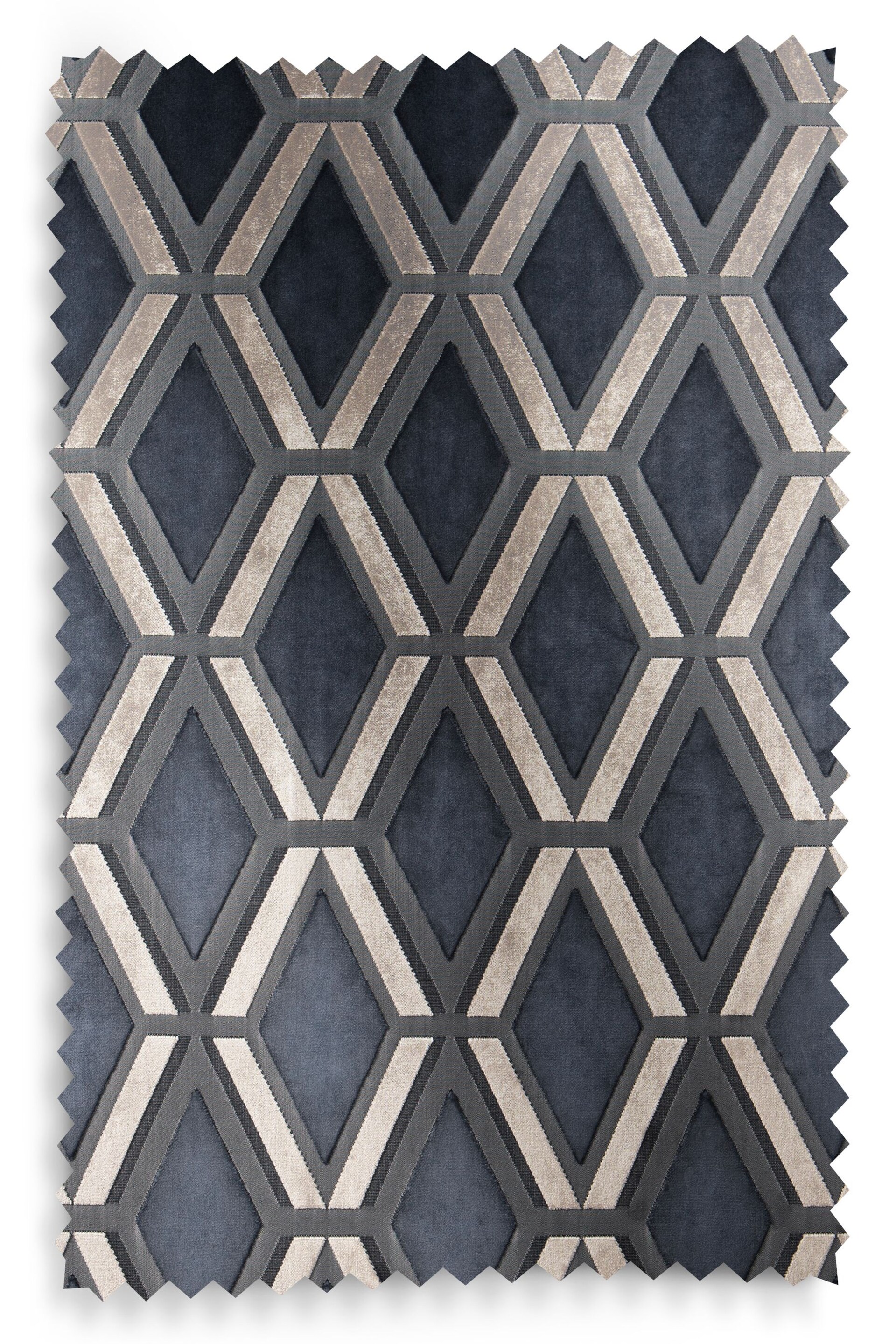 Navy Blue Next Collection Luxe Heavyweight Geometric Cut Velvet Pencil Pleat Lined Curtains - Image 5 of 5