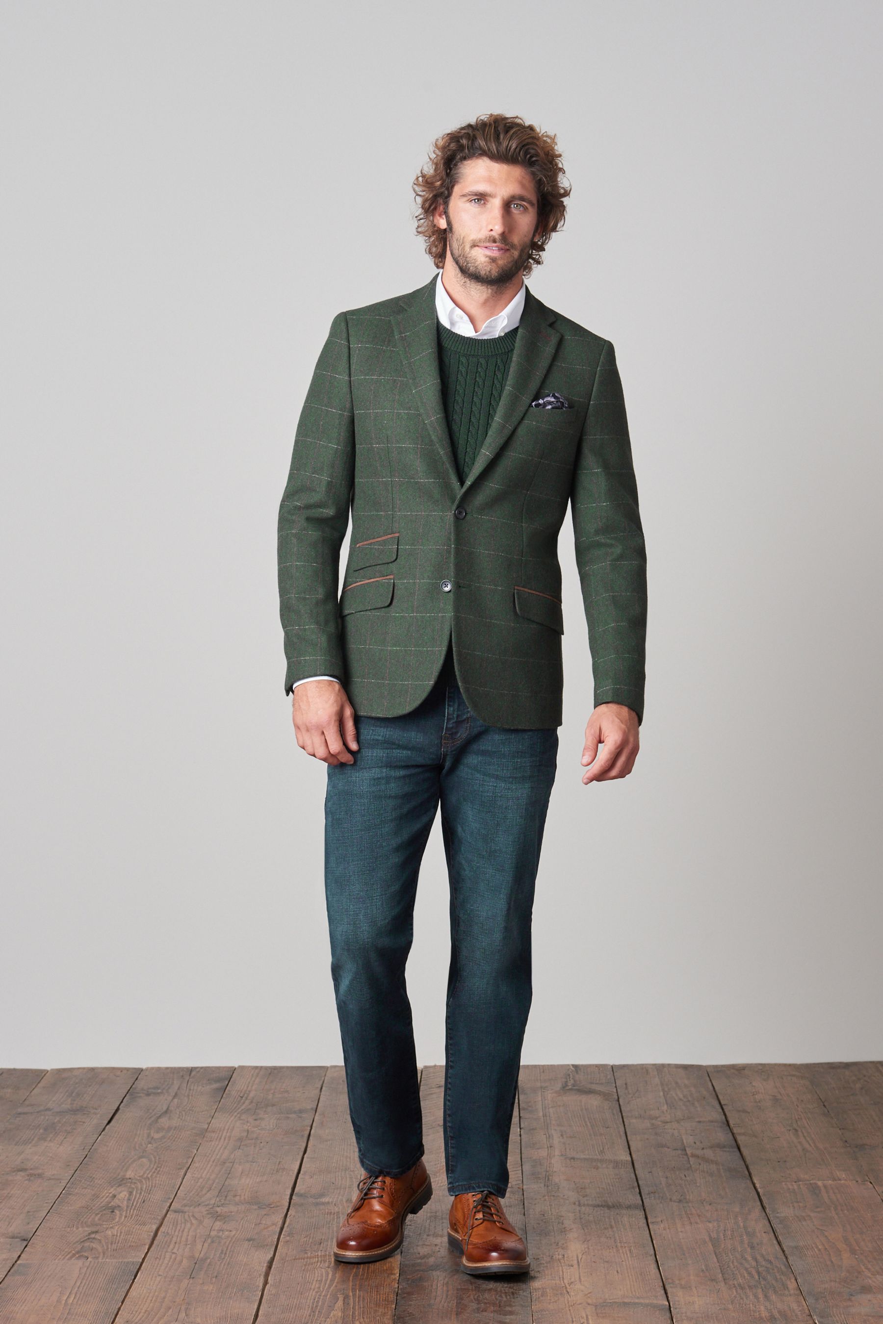 Green Herringbone Check Wool Blend Blazer