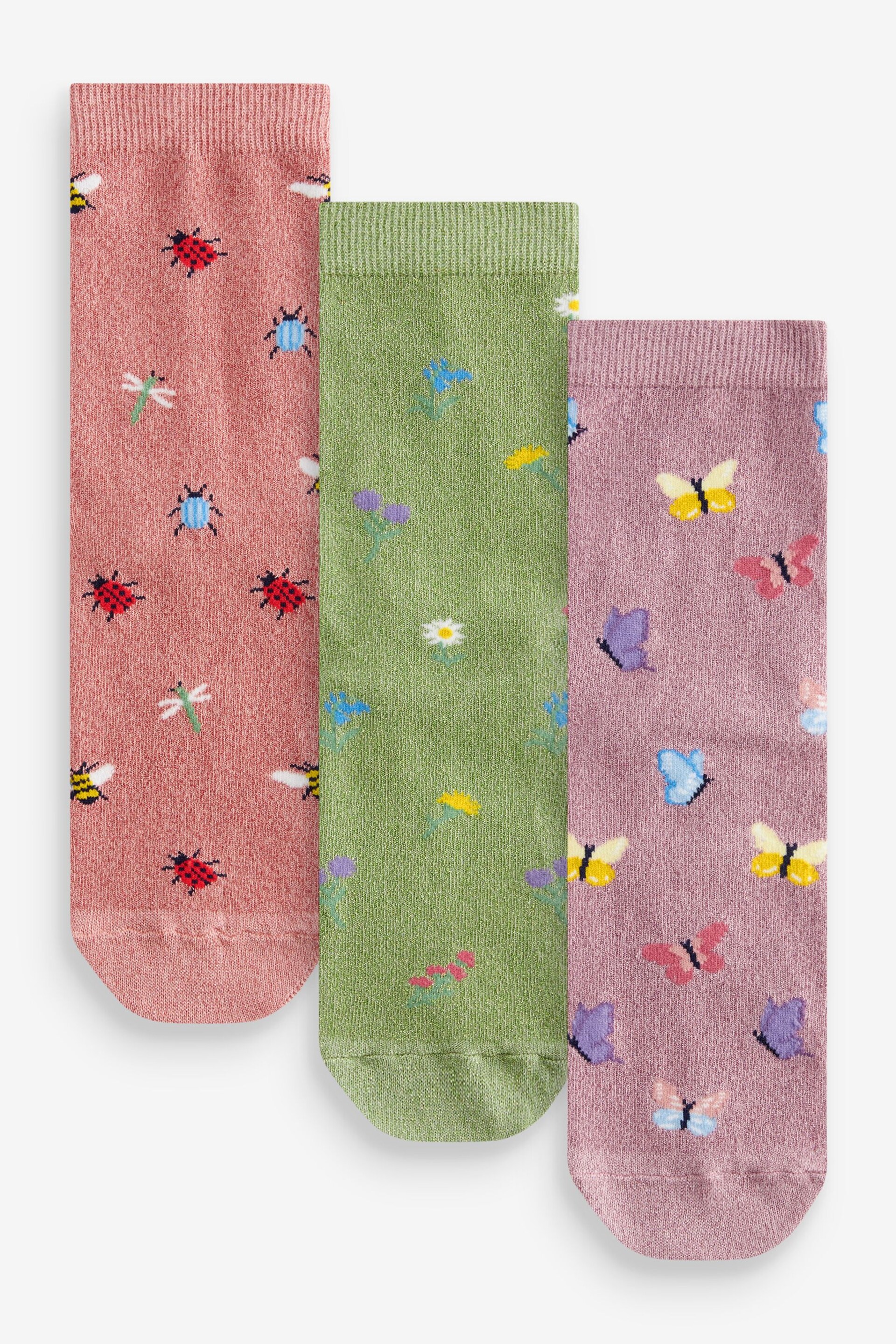 Flowers/Bees/Butterflies Sparkle Ankle Socks 3 Pack - Image 1 of 4