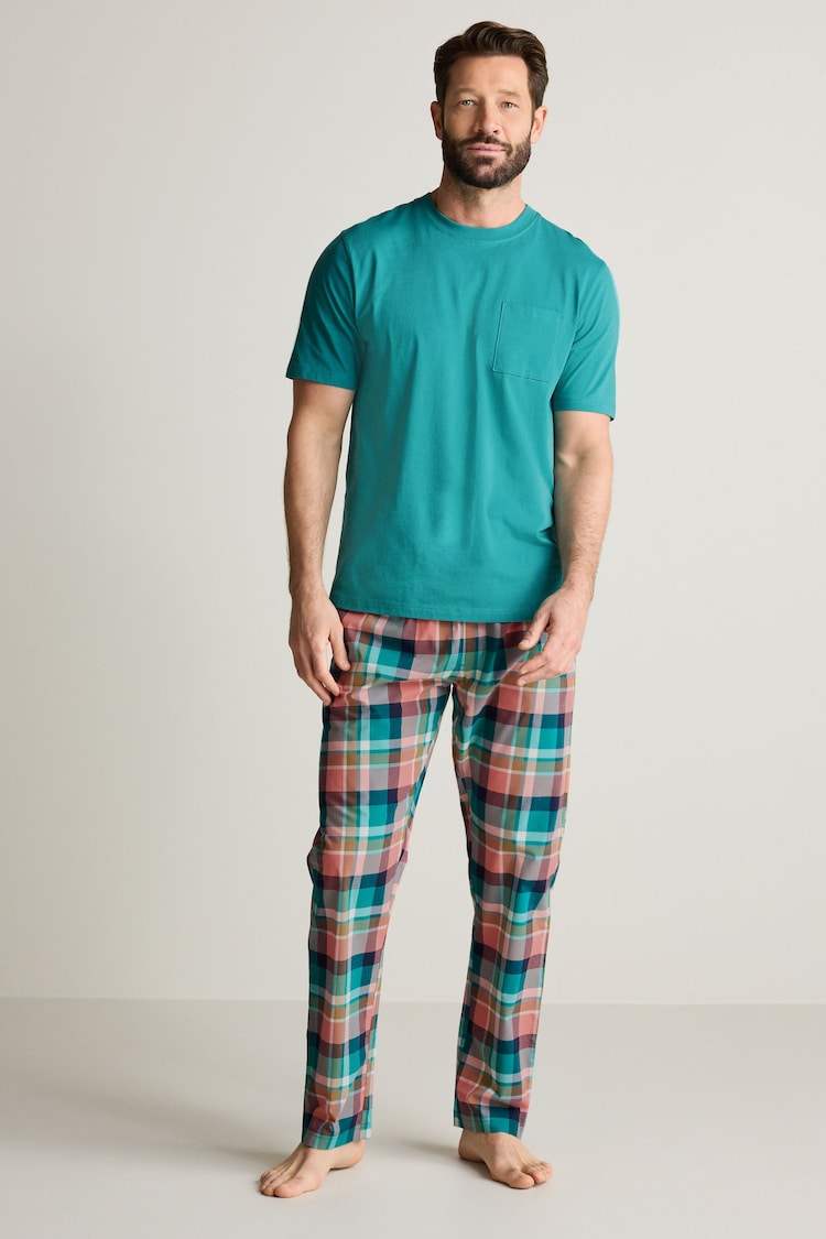 Teal Blue/Pink Check Lightweight Pyjamas Set - Image 1 of 9