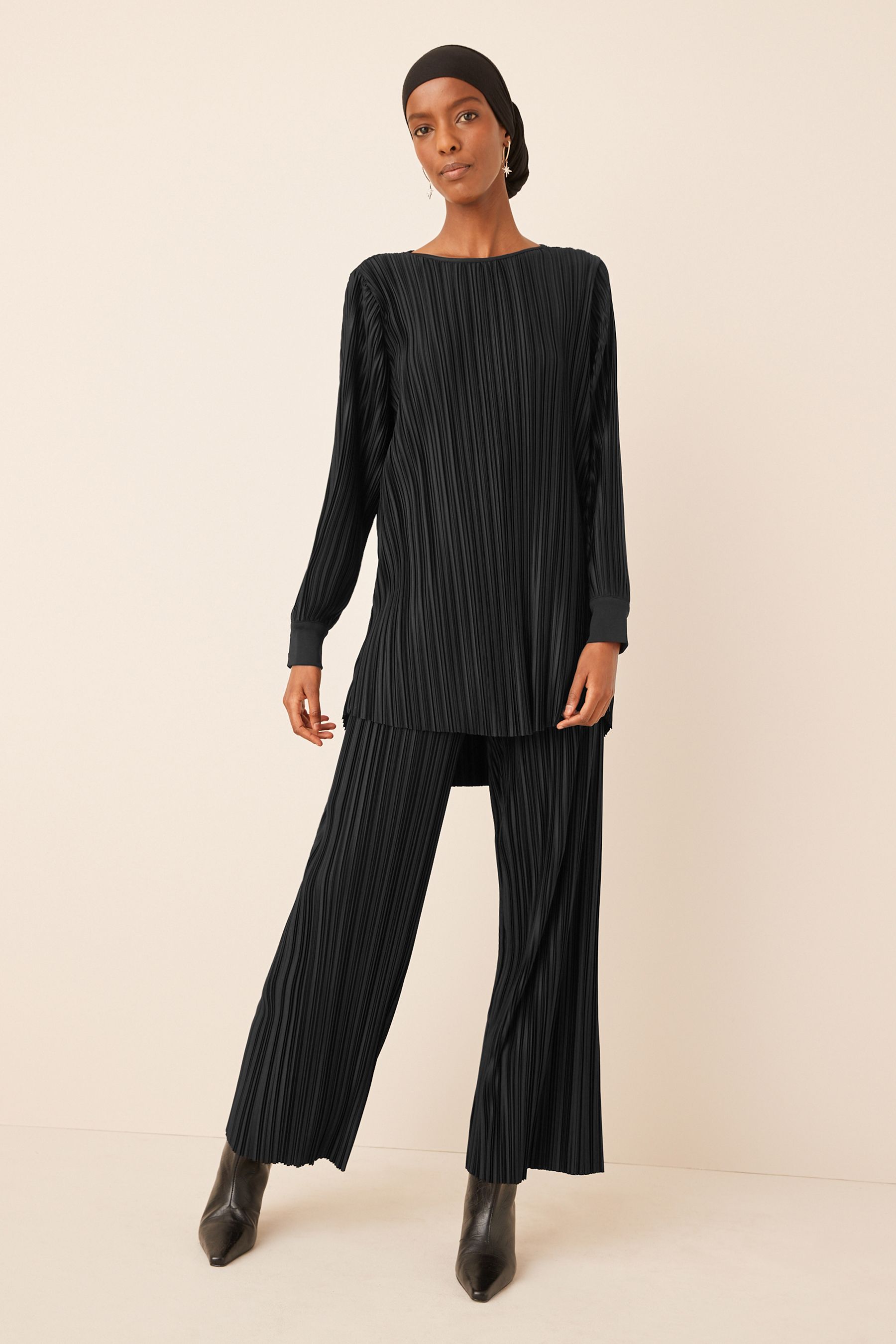 Buy Black Satin Plisse Full Length Wide Leg Loose Trousers from Next Luxembourg